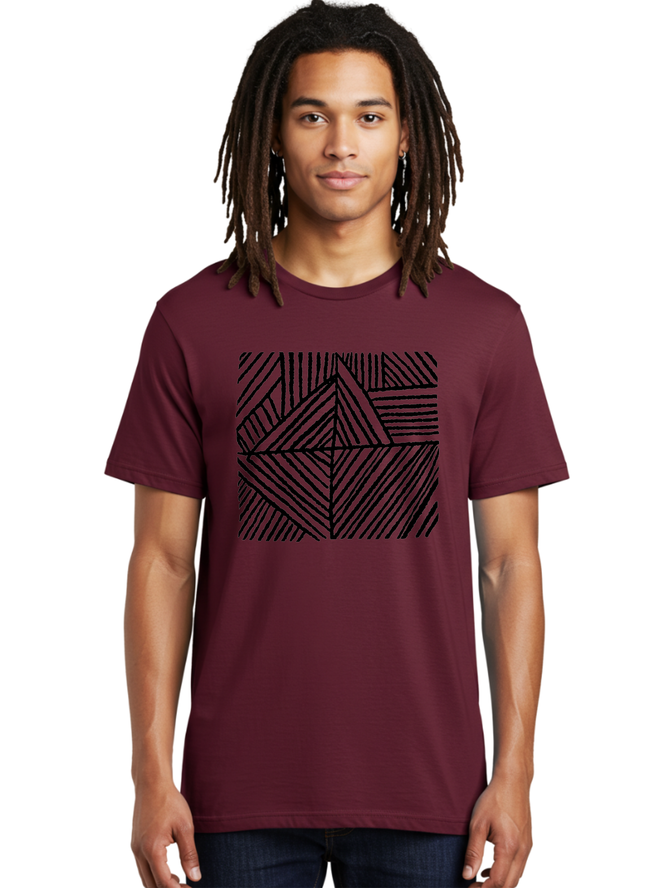 Geometric-Pattern Men'S Graphic Tee, 100% Cotton, Comfortable Casual Summer Wear, Machine Washable, Geometric Pattern, Black Lines, Abstract Design, Modern Art, Optical Illusion, Diagonal Lines, Triangle Shapes, Minimalist Style - Aaa436