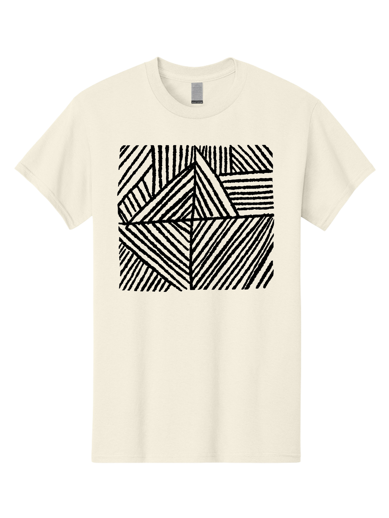 Geometric-Pattern Men'S Graphic Tee, 100% Cotton, Comfortable Casual Summer Wear, Machine Washable, Geometric Pattern, Black Lines, Abstract Design, Modern Art, Optical Illusion, Diagonal Lines, Triangle Shapes, Minimalist Style - Aaa436