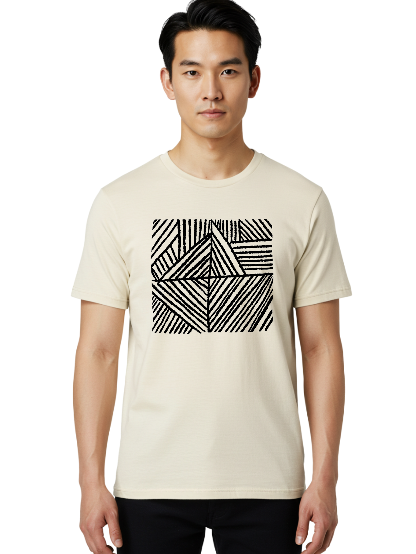 Geometric-Pattern Men'S Graphic Tee, 100% Cotton, Comfortable Casual Summer Wear, Machine Washable, Geometric Pattern, Black Lines, Abstract Design, Modern Art, Optical Illusion, Diagonal Lines, Triangle Shapes, Minimalist Style - Aaa436
