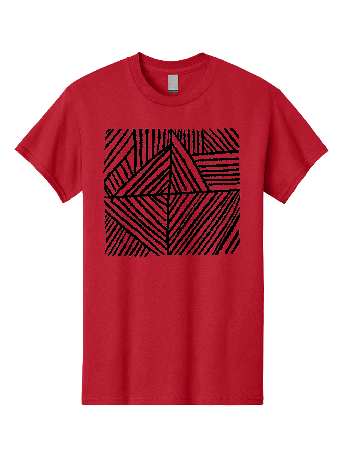 Geometric-Pattern Men'S Graphic Tee, 100% Cotton, Comfortable Casual Summer Wear, Machine Washable, Geometric Pattern, Black Lines, Abstract Design, Modern Art, Optical Illusion, Diagonal Lines, Triangle Shapes, Minimalist Style - Aaa436