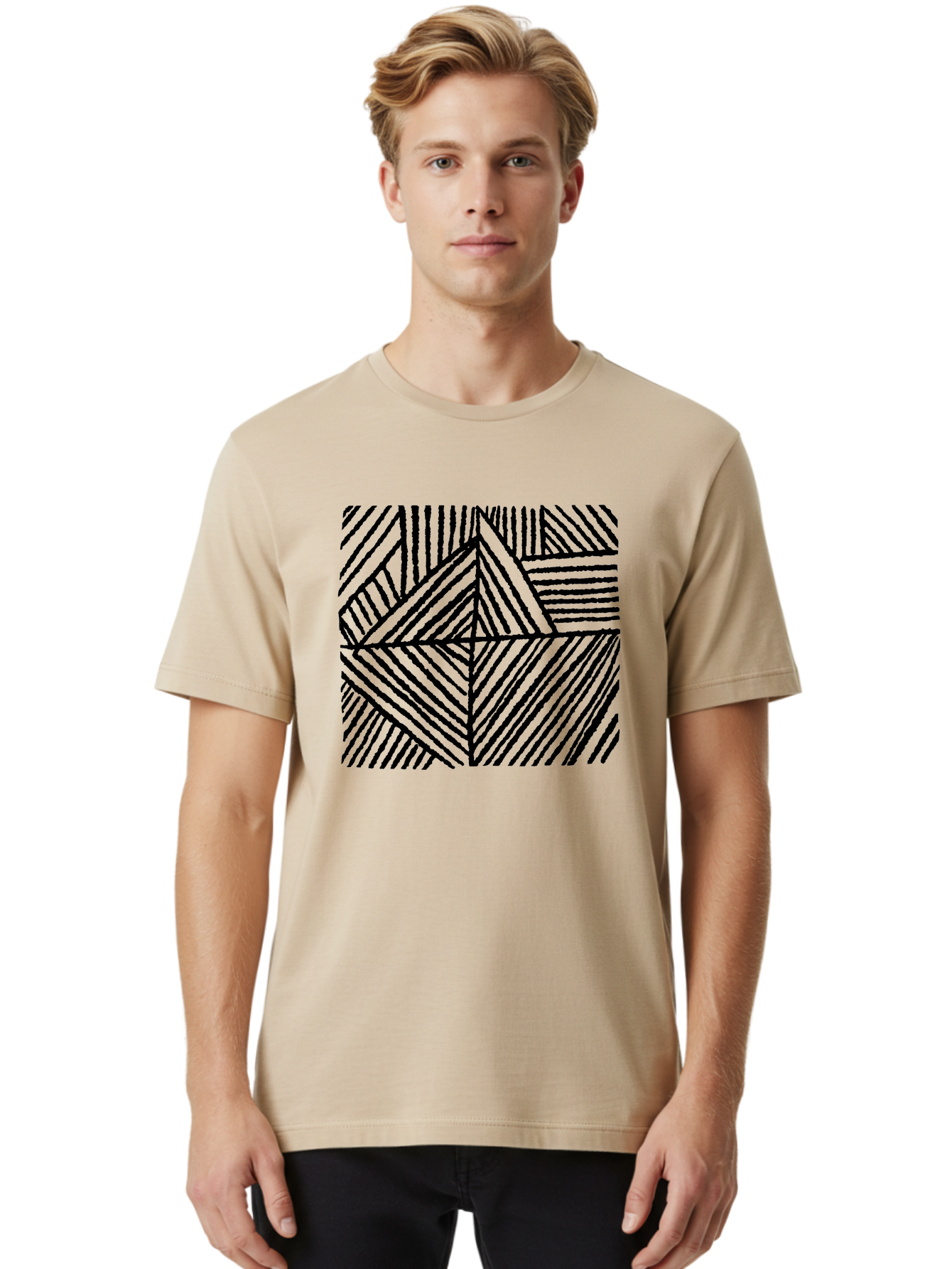 Geometric-Pattern Men'S Graphic Tee, 100% Cotton, Comfortable Casual Summer Wear, Machine Washable, Geometric Pattern, Black Lines, Abstract Design, Modern Art, Optical Illusion, Diagonal Lines, Triangle Shapes, Minimalist Style - Aaa436