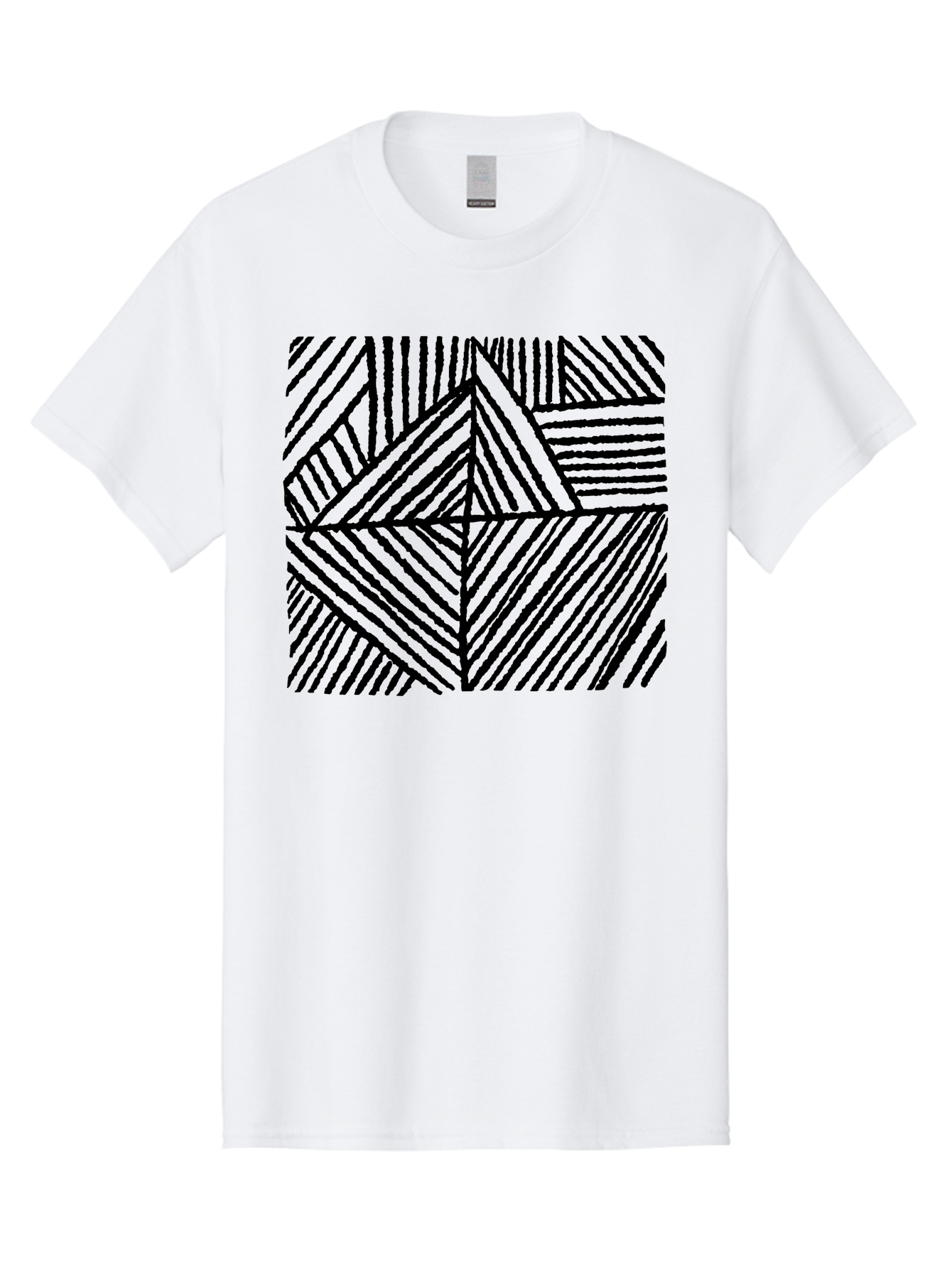 Geometric-Pattern Men'S Graphic Tee, 100% Cotton, Comfortable Casual Summer Wear, Machine Washable, Geometric Pattern, Black Lines, Abstract Design, Modern Art, Optical Illusion, Diagonal Lines, Triangle Shapes, Minimalist Style - Aaa436