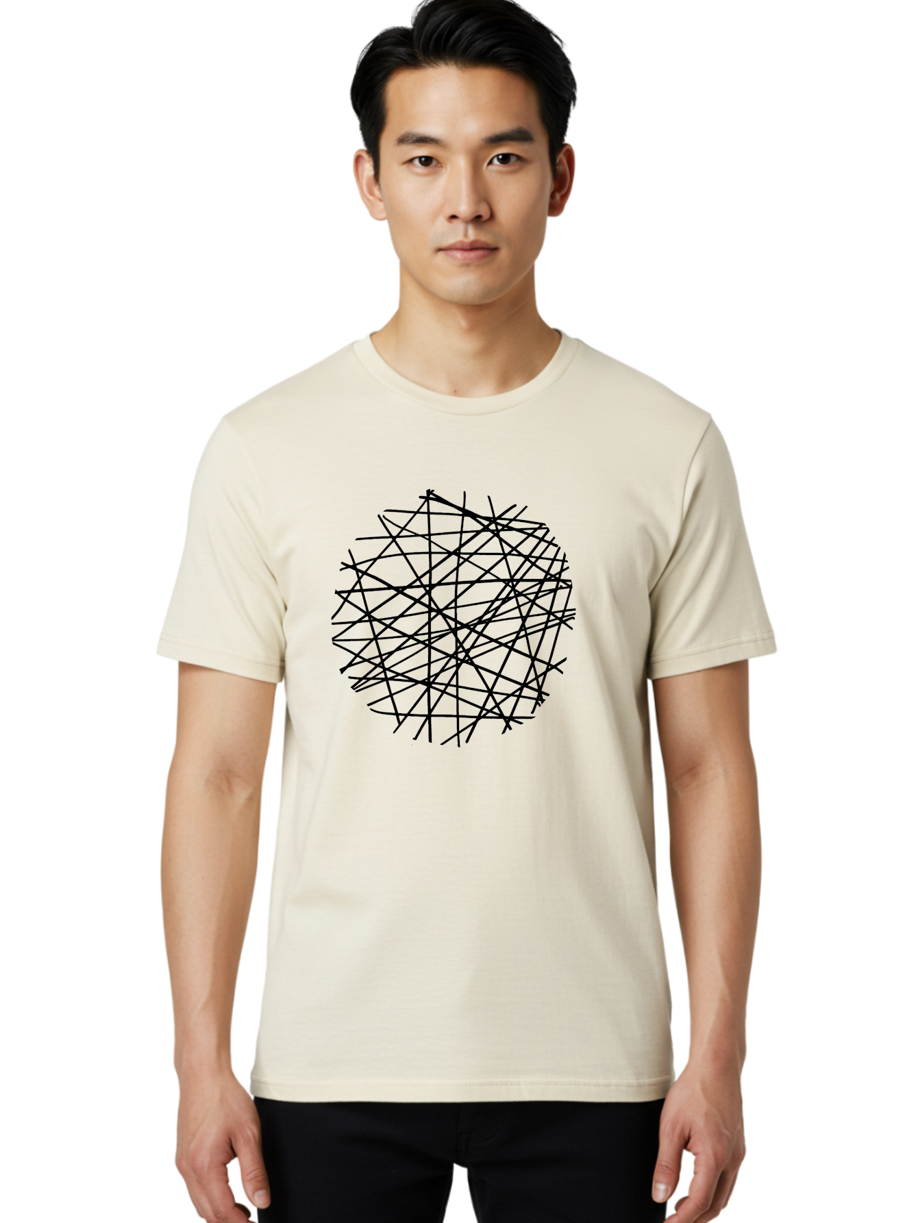 Intersecting-Lines Men'S Graphic Tee, 100% Cotton, Comfortable Casual Summer Wear, Machine Washable, Abstract Art, Chaotic Lines, Black Lines, Intersecting Lines, Complex Pattern, Modern Design, Graphic Illustration - Aaa439