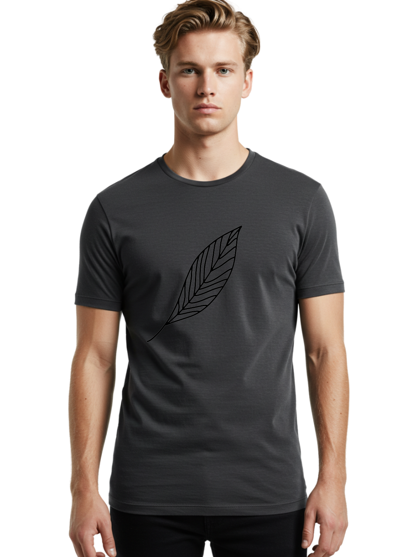 Leaf-Outline Men'S Graphic Tee, 100% Cotton, Comfortable Casual Summer Wear, Machine Washable, Simple Leaf Design, Black Outline, Leaf Illustration, Minimalist Art, Nature-Inspired Graphics, Eco-Friendly Icon - Aaa447