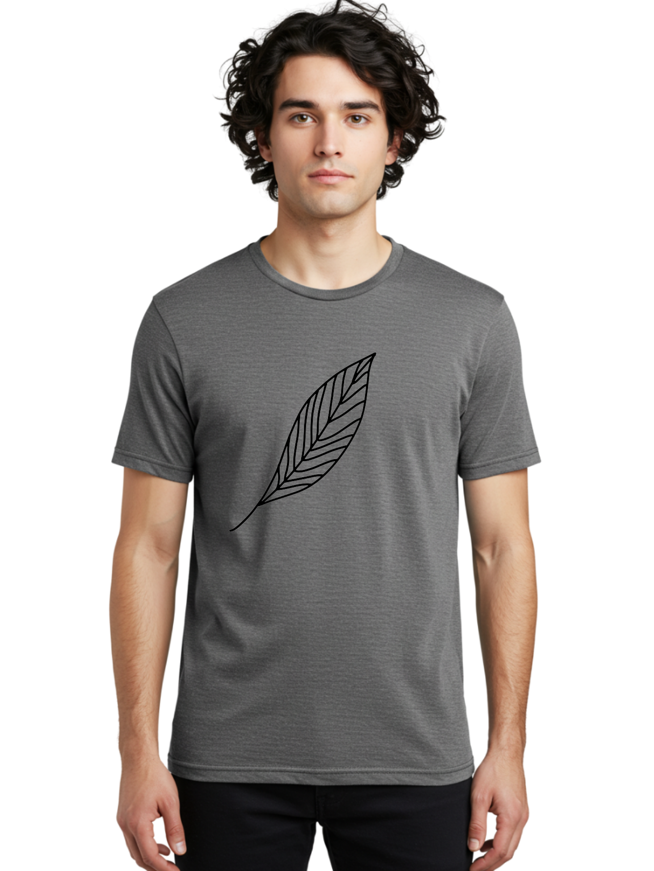 Leaf-Outline Men'S Graphic Tee, 100% Cotton, Comfortable Casual Summer Wear, Machine Washable, Simple Leaf Design, Black Outline, Leaf Illustration, Minimalist Art, Nature-Inspired Graphics, Eco-Friendly Icon - Aaa447