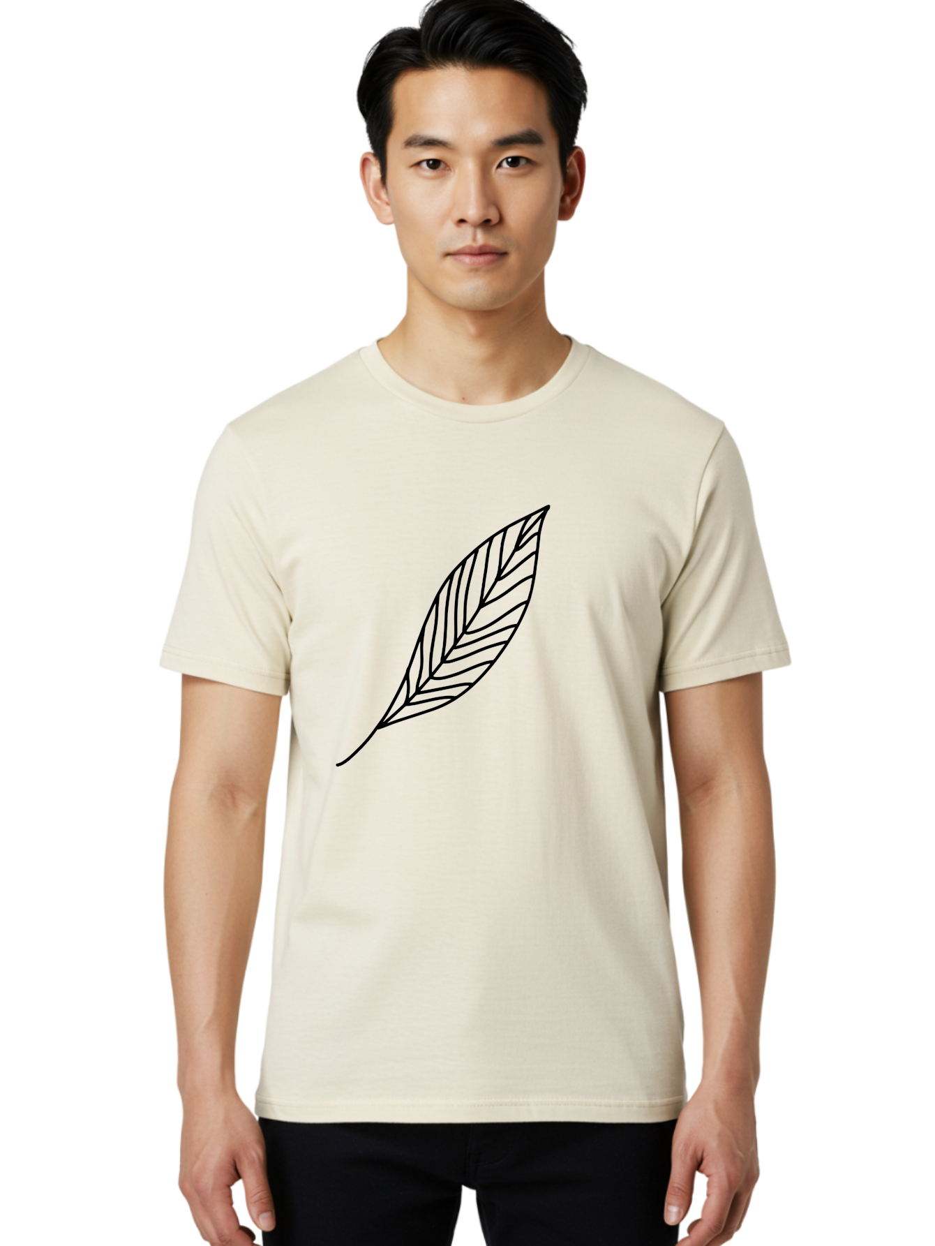 Leaf-Outline Men'S Graphic Tee, 100% Cotton, Comfortable Casual Summer Wear, Machine Washable, Simple Leaf Design, Black Outline, Leaf Illustration, Minimalist Art, Nature-Inspired Graphics, Eco-Friendly Icon - Aaa447