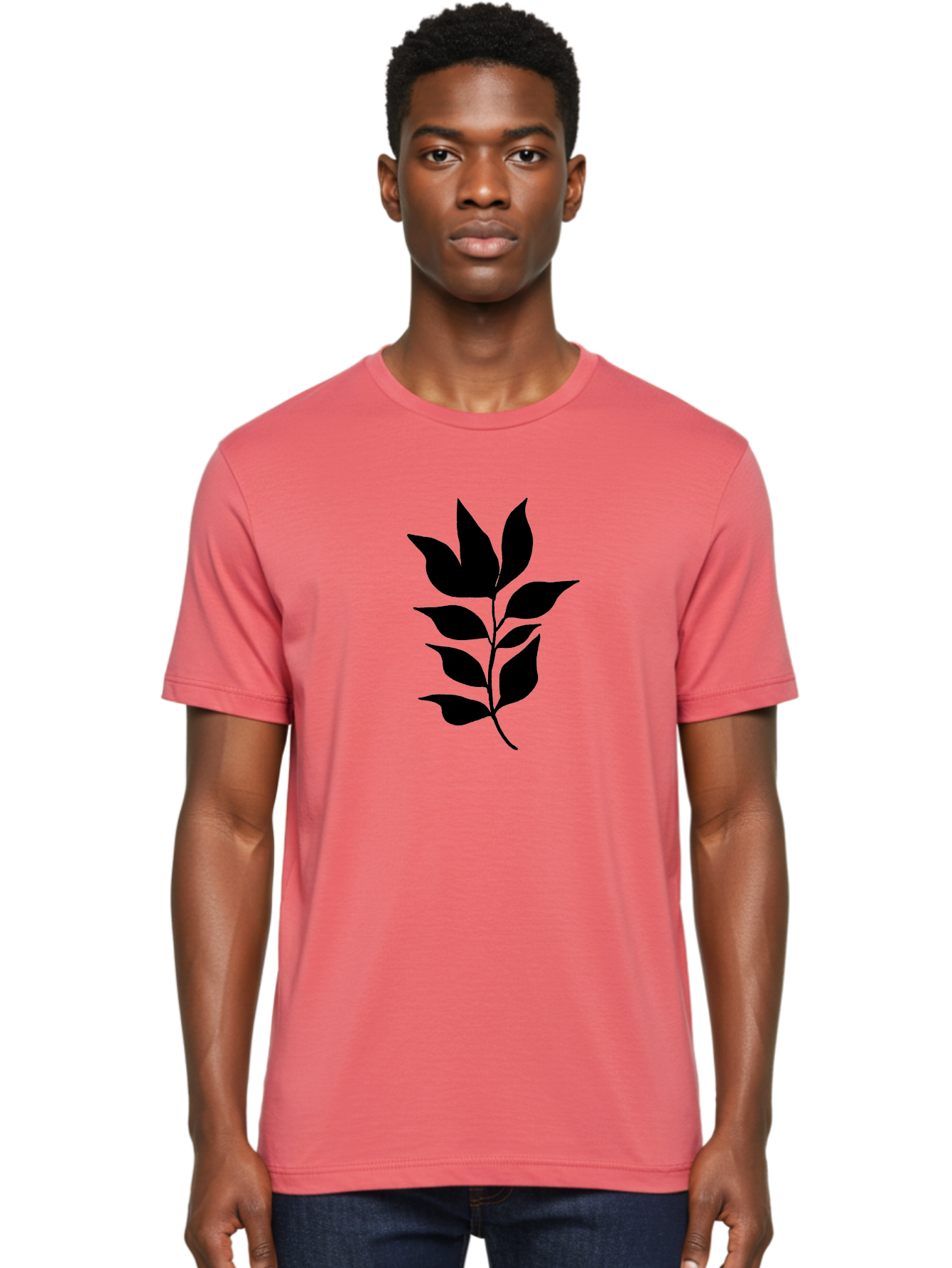 Leaf-Silhouette Men'S Graphic Tee, 100% Cotton, Comfortable Casual Summer Wear, Machine Washable, Leafy Branch, Foliage, Silhouette, Nature Icon, Simple Design, Leaf Graphics, Floral Element, Minimalist Art, Plant Symbol - Aaa448