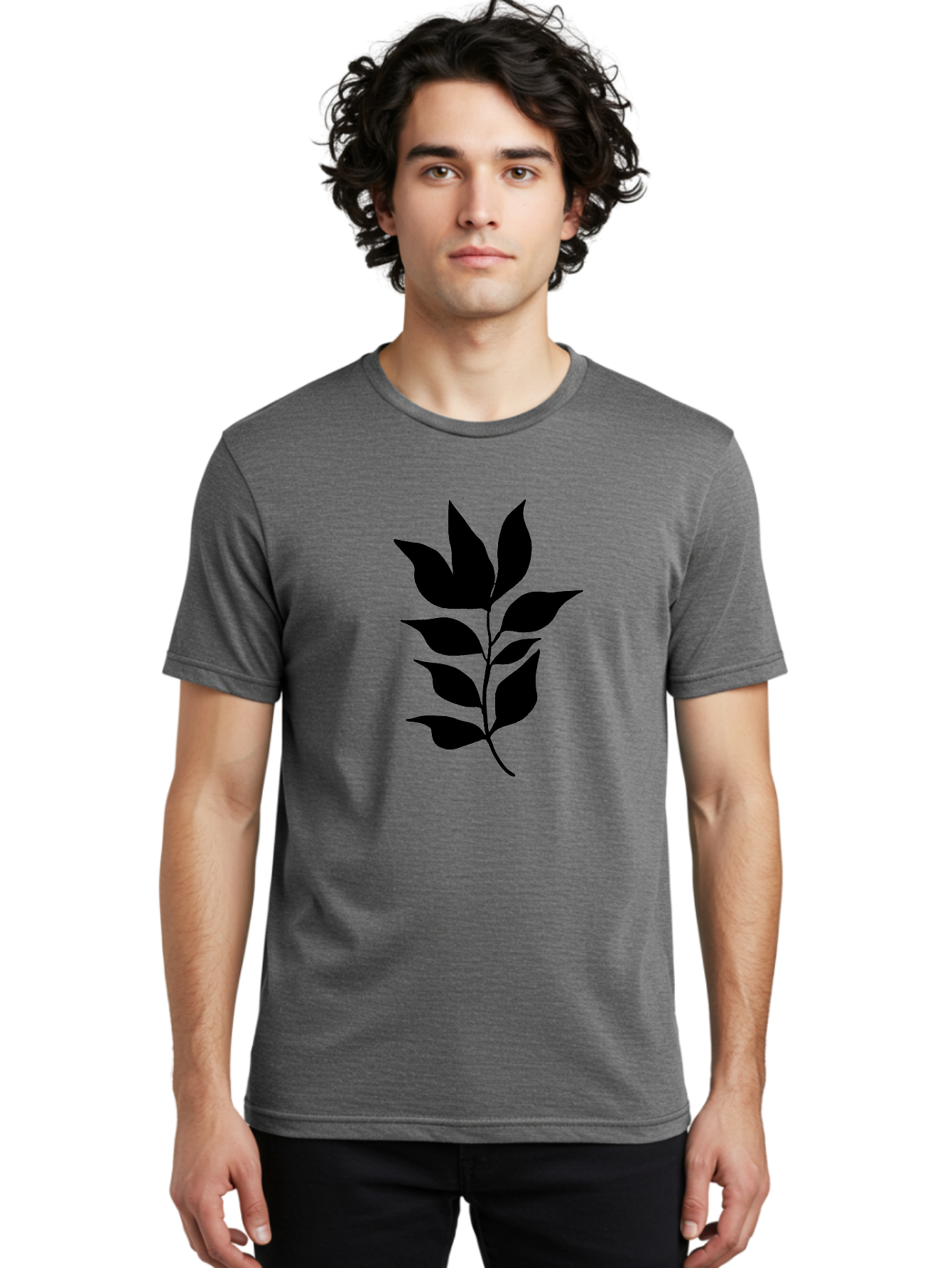 Leaf-Silhouette Men'S Graphic Tee, 100% Cotton, Comfortable Casual Summer Wear, Machine Washable, Leafy Branch, Foliage, Silhouette, Nature Icon, Simple Design, Leaf Graphics, Floral Element, Minimalist Art, Plant Symbol - Aaa448