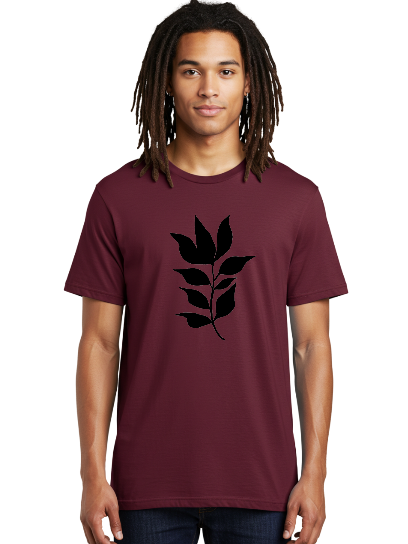 Leaf-Silhouette Men'S Graphic Tee, 100% Cotton, Comfortable Casual Summer Wear, Machine Washable, Leafy Branch, Foliage, Silhouette, Nature Icon, Simple Design, Leaf Graphics, Floral Element, Minimalist Art, Plant Symbol - Aaa448