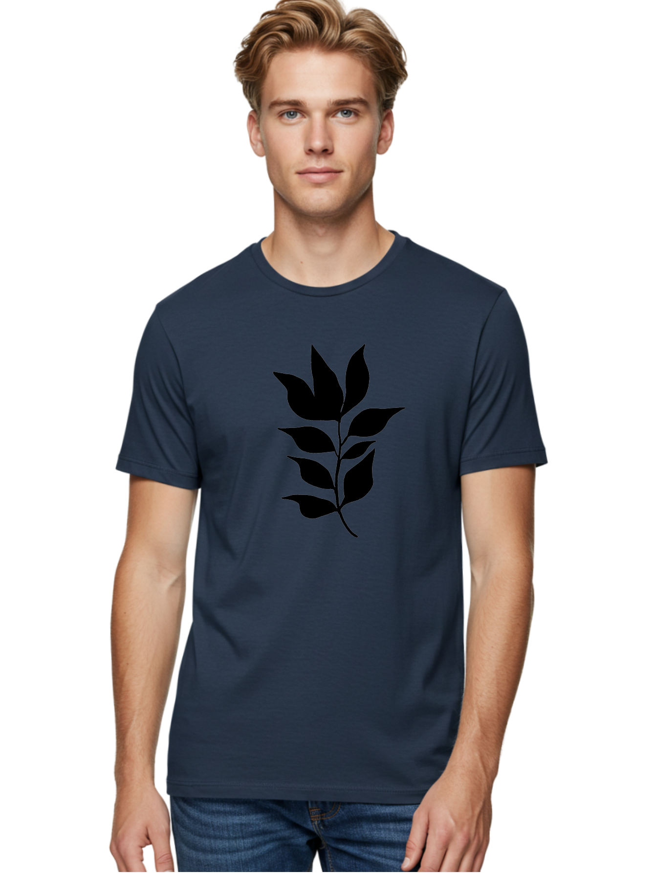 Leaf-Silhouette Men'S Graphic Tee, 100% Cotton, Comfortable Casual Summer Wear, Machine Washable, Leafy Branch, Foliage, Silhouette, Nature Icon, Simple Design, Leaf Graphics, Floral Element, Minimalist Art, Plant Symbol - Aaa448