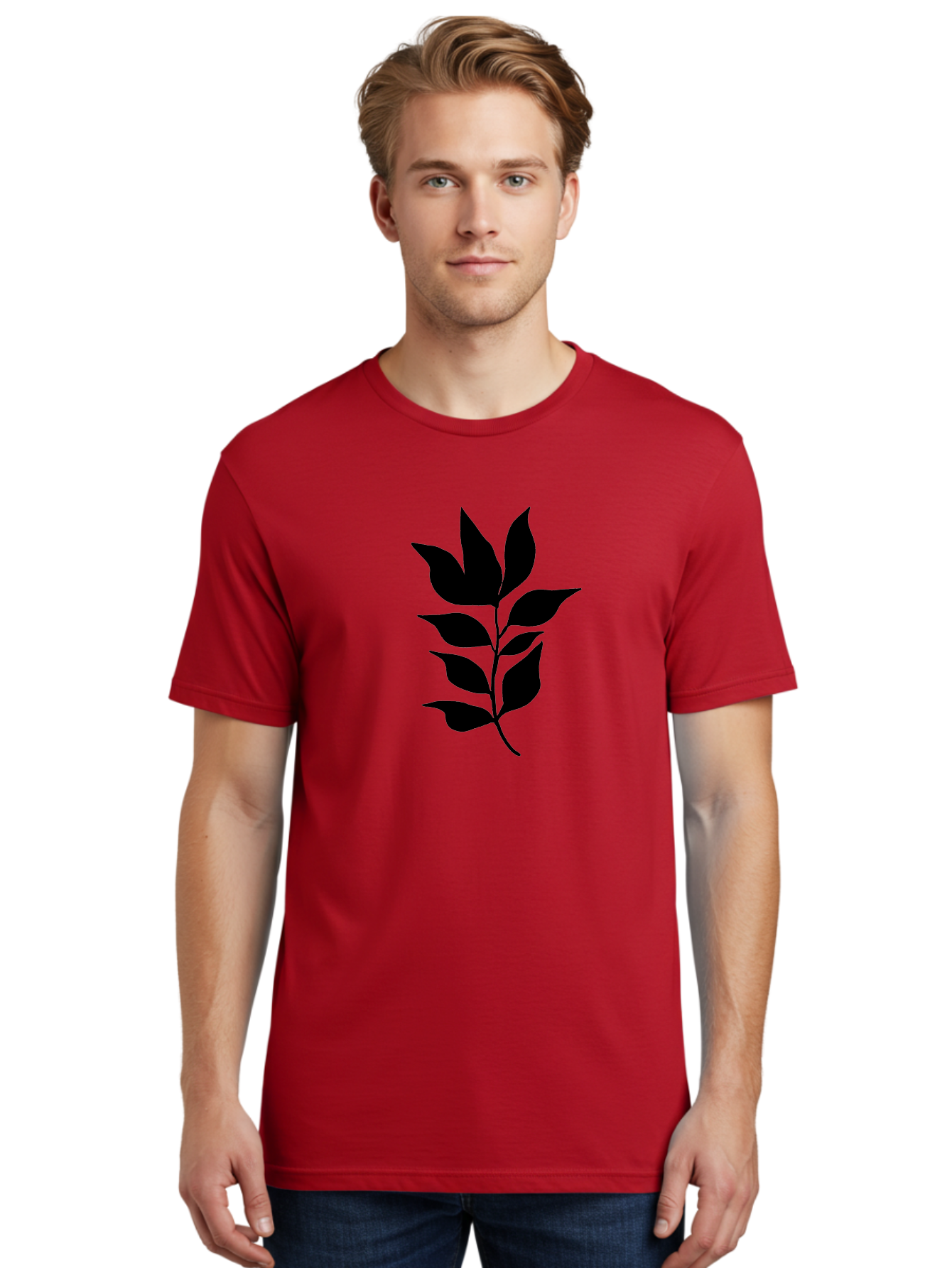 Leaf-Silhouette Men'S Graphic Tee, 100% Cotton, Comfortable Casual Summer Wear, Machine Washable, Leafy Branch, Foliage, Silhouette, Nature Icon, Simple Design, Leaf Graphics, Floral Element, Minimalist Art, Plant Symbol - Aaa448