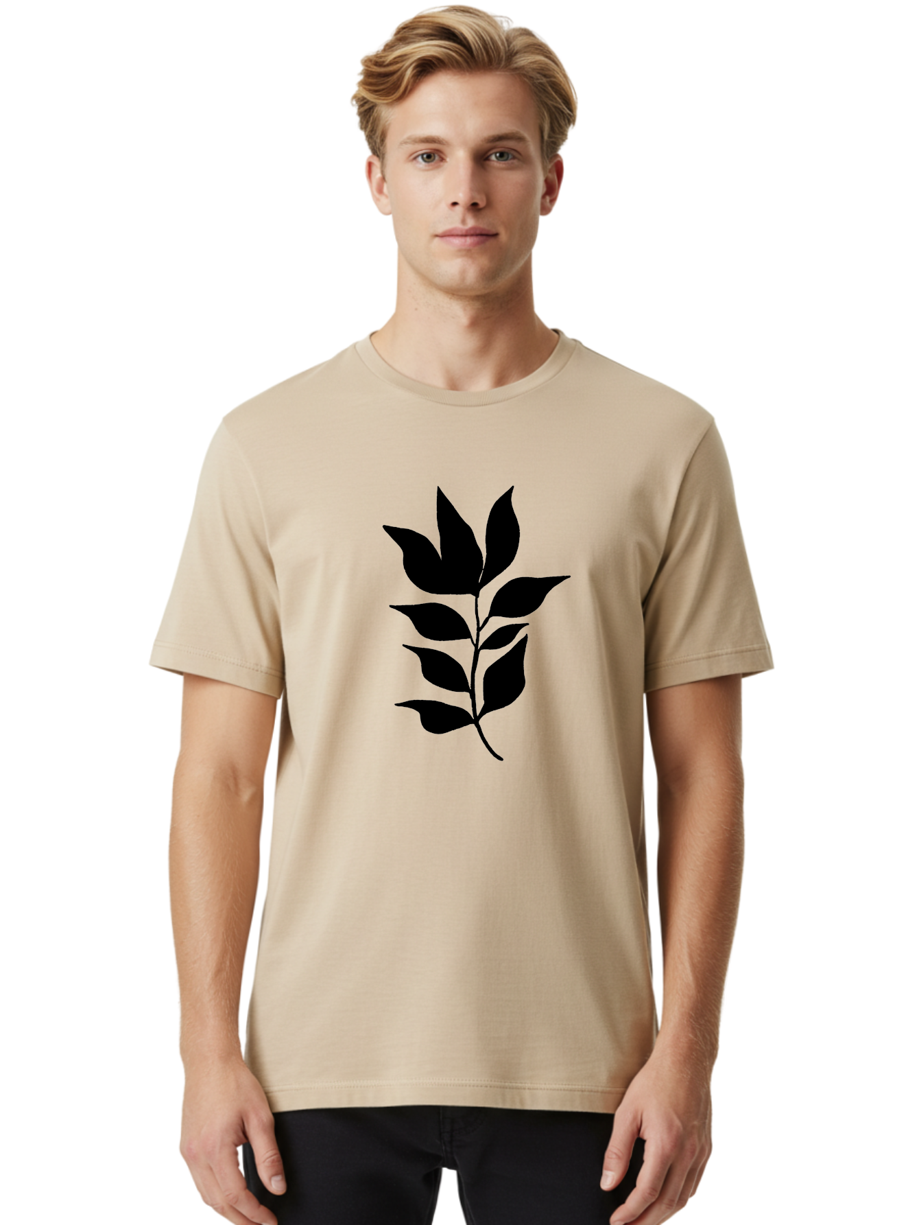 Leaf-Silhouette Men'S Graphic Tee, 100% Cotton, Comfortable Casual Summer Wear, Machine Washable, Leafy Branch, Foliage, Silhouette, Nature Icon, Simple Design, Leaf Graphics, Floral Element, Minimalist Art, Plant Symbol - Aaa448
