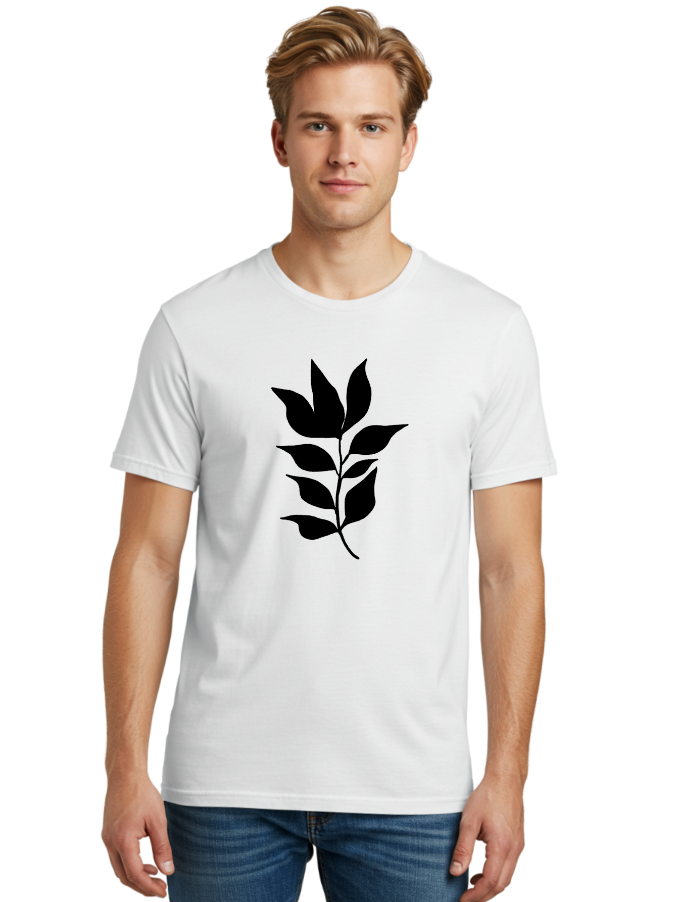 Leaf-Silhouette Men'S Graphic Tee, 100% Cotton, Comfortable Casual Summer Wear, Machine Washable, Leafy Branch, Foliage, Silhouette, Nature Icon, Simple Design, Leaf Graphics, Floral Element, Minimalist Art, Plant Symbol - Aaa448