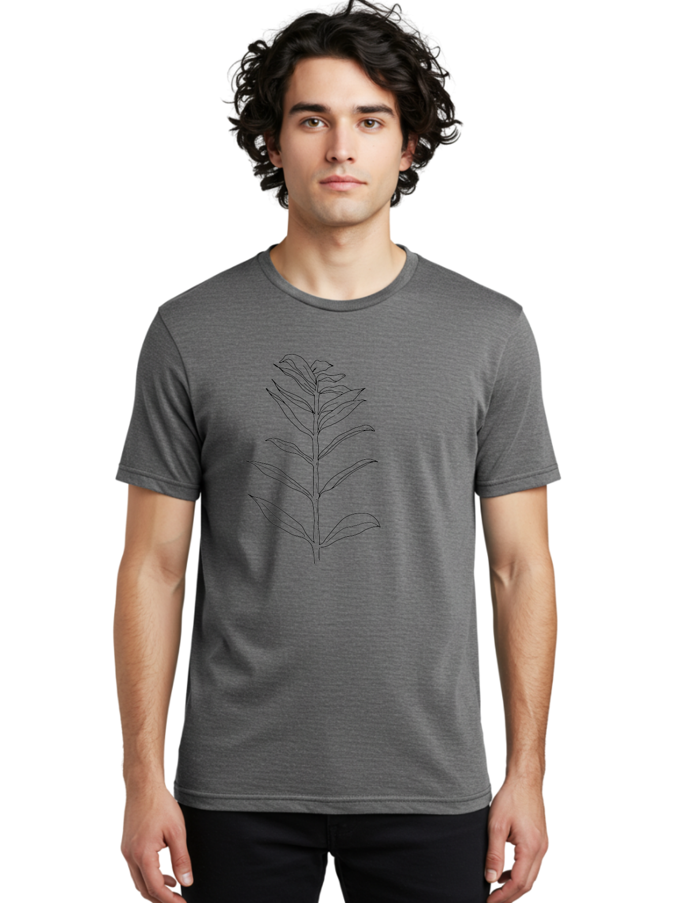 Leaf Men'S Graphic Tee, 100% Cotton, Comfortable Casual Summer Wear, Machine Washable, Hand-Drawn Leaf, Simple Illustration, Black Outline, Leafy Branch, Minimalist Design, Botanical Art - Aaa449