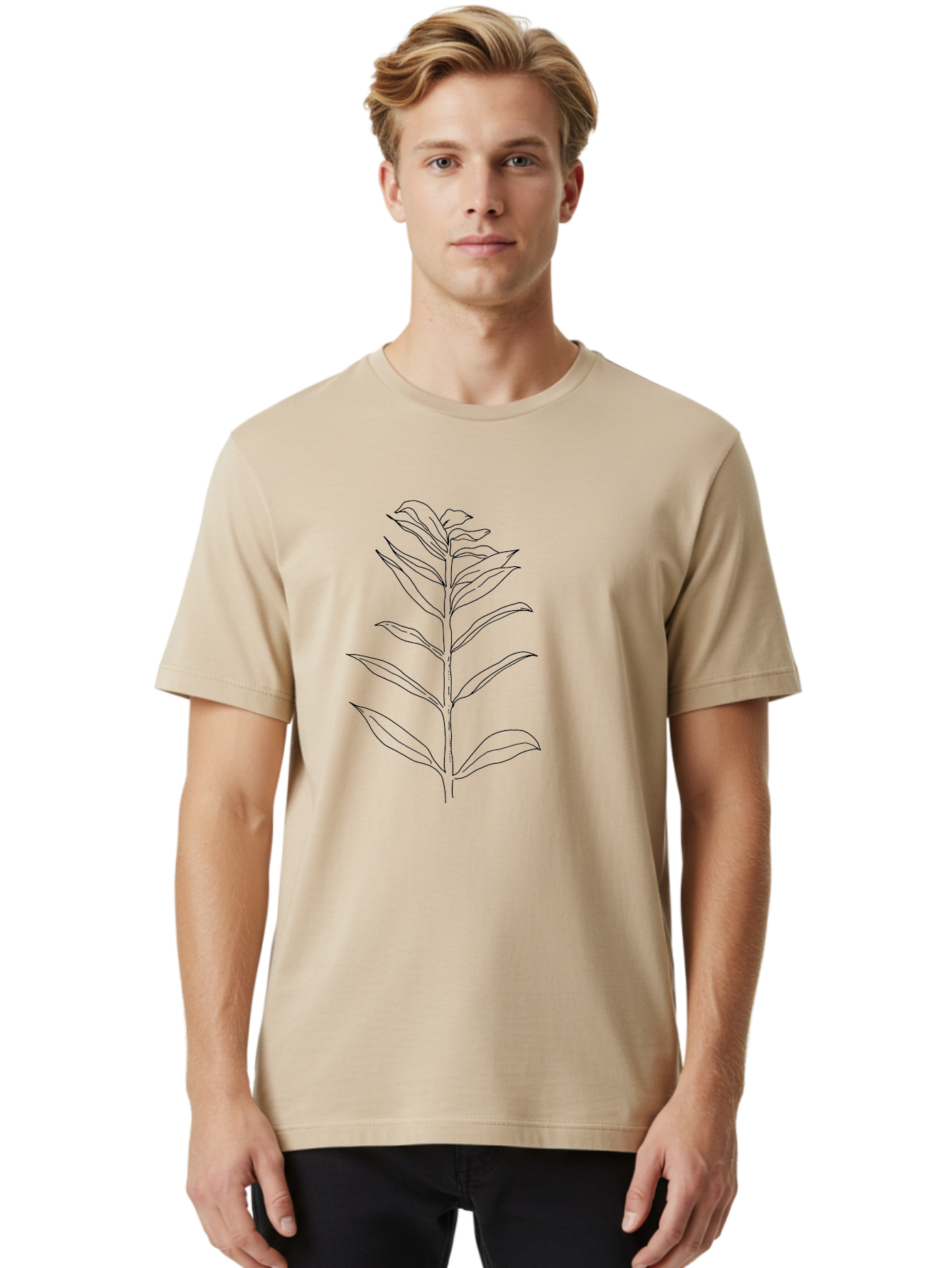 Leaf Men'S Graphic Tee, 100% Cotton, Comfortable Casual Summer Wear, Machine Washable, Hand-Drawn Leaf, Simple Illustration, Black Outline, Leafy Branch, Minimalist Design, Botanical Art - Aaa449