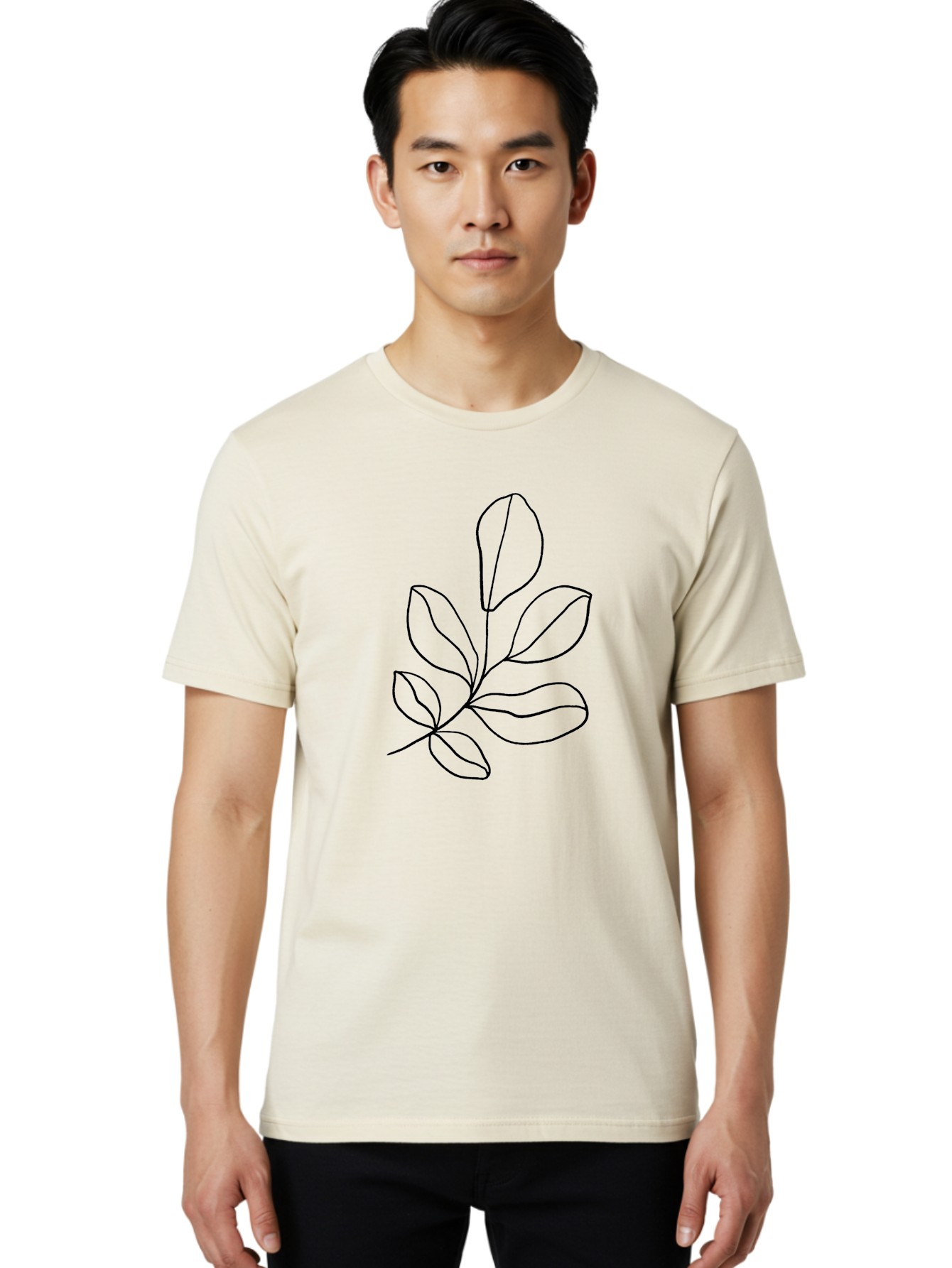 Leaves-2 Men'S Graphic Tee, 100% Cotton, Comfortable Casual Summer Wear, Machine Washable, Minimalist Leaf Design, Simple Line Art, Botanical Illustration, Leaf Pattern, Nature-Inspired Graphics, Organic Shapes, Black Outline - Aaa451