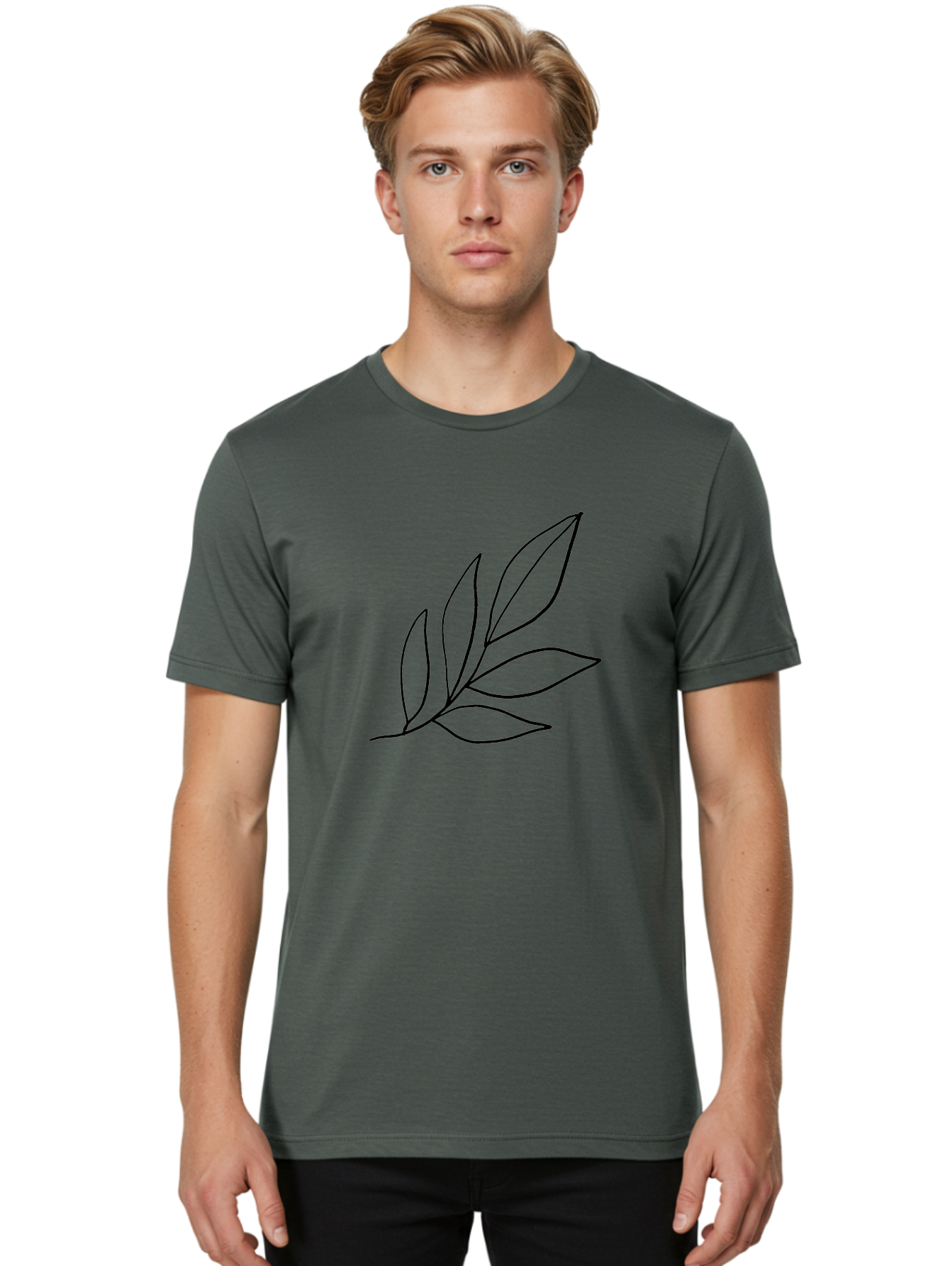 Leaves-5 Men'S Graphic Tee, 100% Cotton, Comfortable Casual Summer Wear, Machine Washable, Hand Drawn Leaves, Simple Line Art, Minimalist Design, Botanical Elements, Leaf Illustration, Black Outline - Aaa454