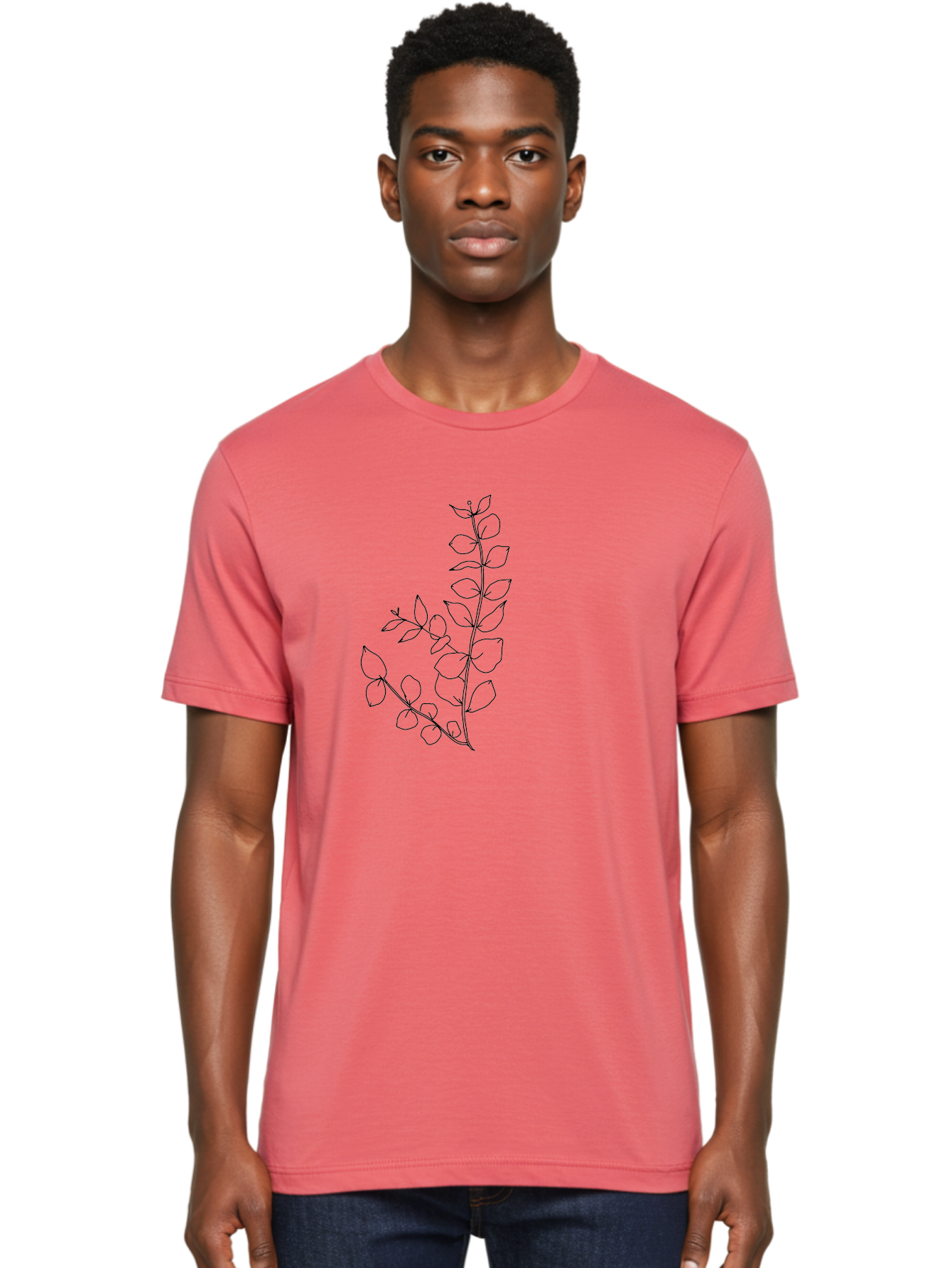 Leaves Men'S Graphic Tee, 100% Cotton, Comfortable Casual Summer Wear, Machine Washable, Hand-Drawn Illustration, Leafy Stem, Simple Line Art, Minimalist Design, Botanical Elements, Delicate Pattern, Natural Motifs - Aaa458