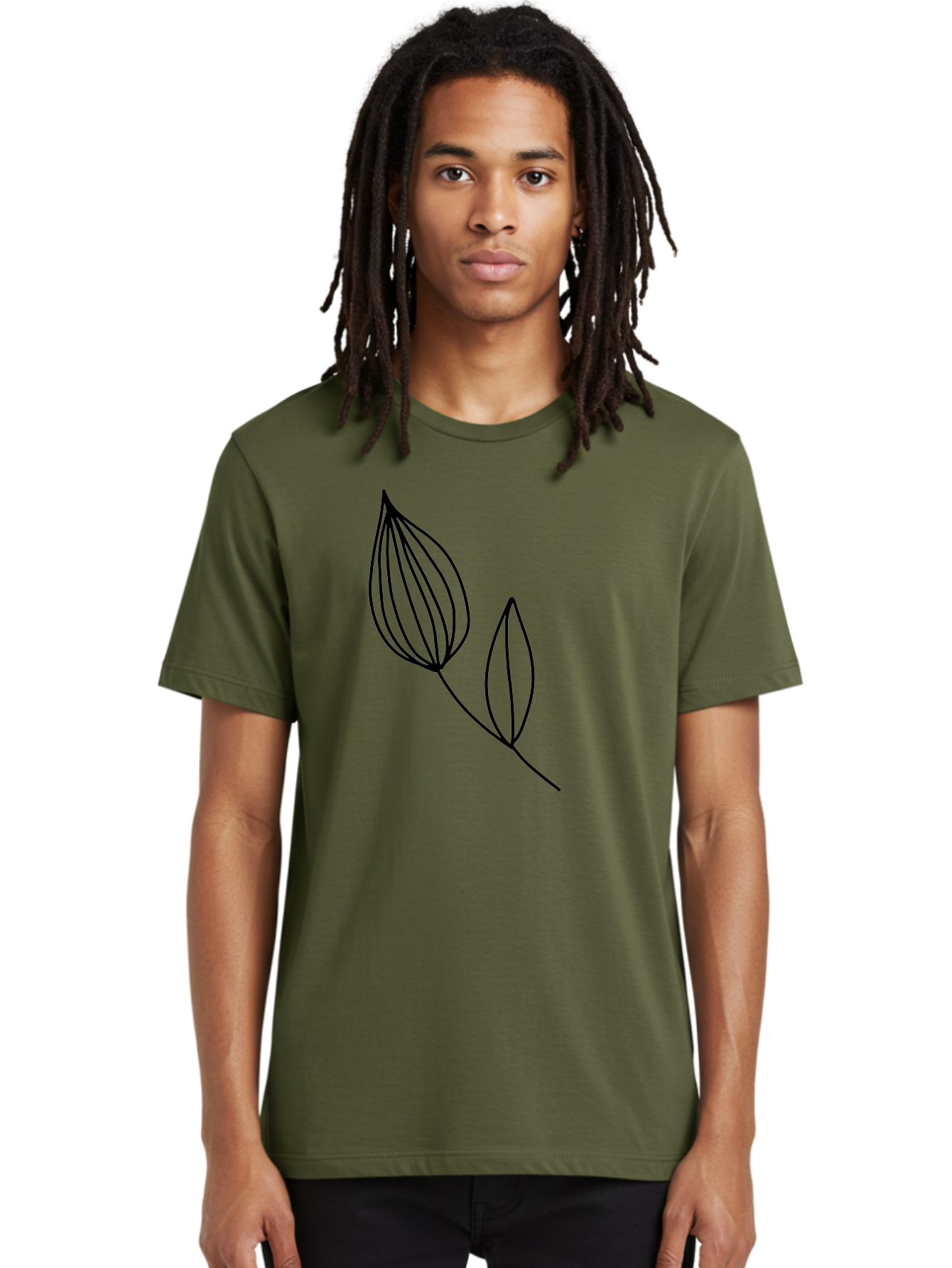 Line-Drawing-Leaves Men'S Graphic Tee, 100% Cotton, Comfortable Casual Summer Wear, Machine Washable, Minimalist Design, Leafy Stem, Simple Lines, Botanical Illustration, Modern Art, Contemporary Style, Black And Green - Aaa459