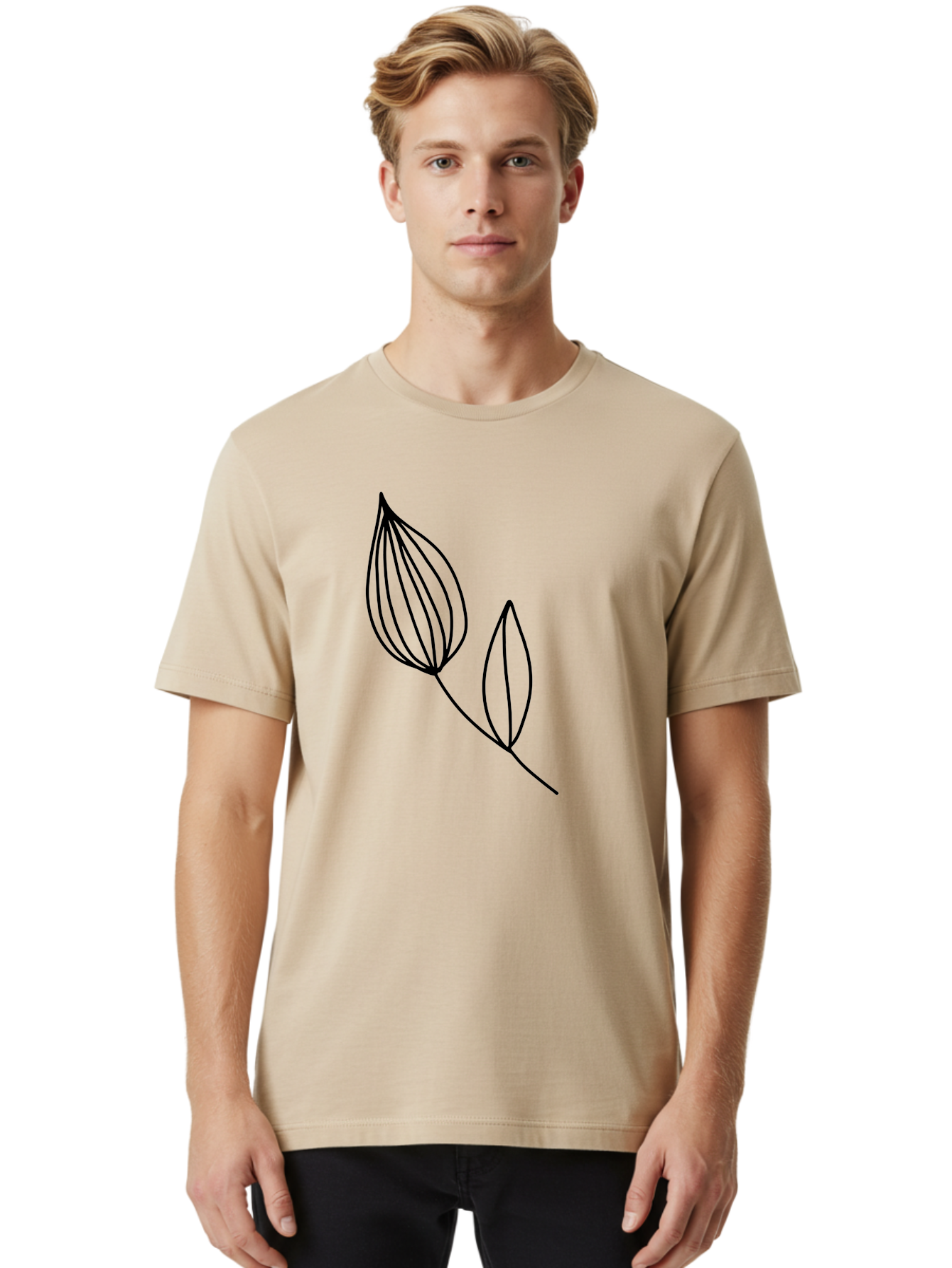 Line-Drawing-Leaves Men'S Graphic Tee, 100% Cotton, Comfortable Casual Summer Wear, Machine Washable, Minimalist Design, Leafy Stem, Simple Lines, Botanical Illustration, Modern Art, Contemporary Style, Black And Green - Aaa459
