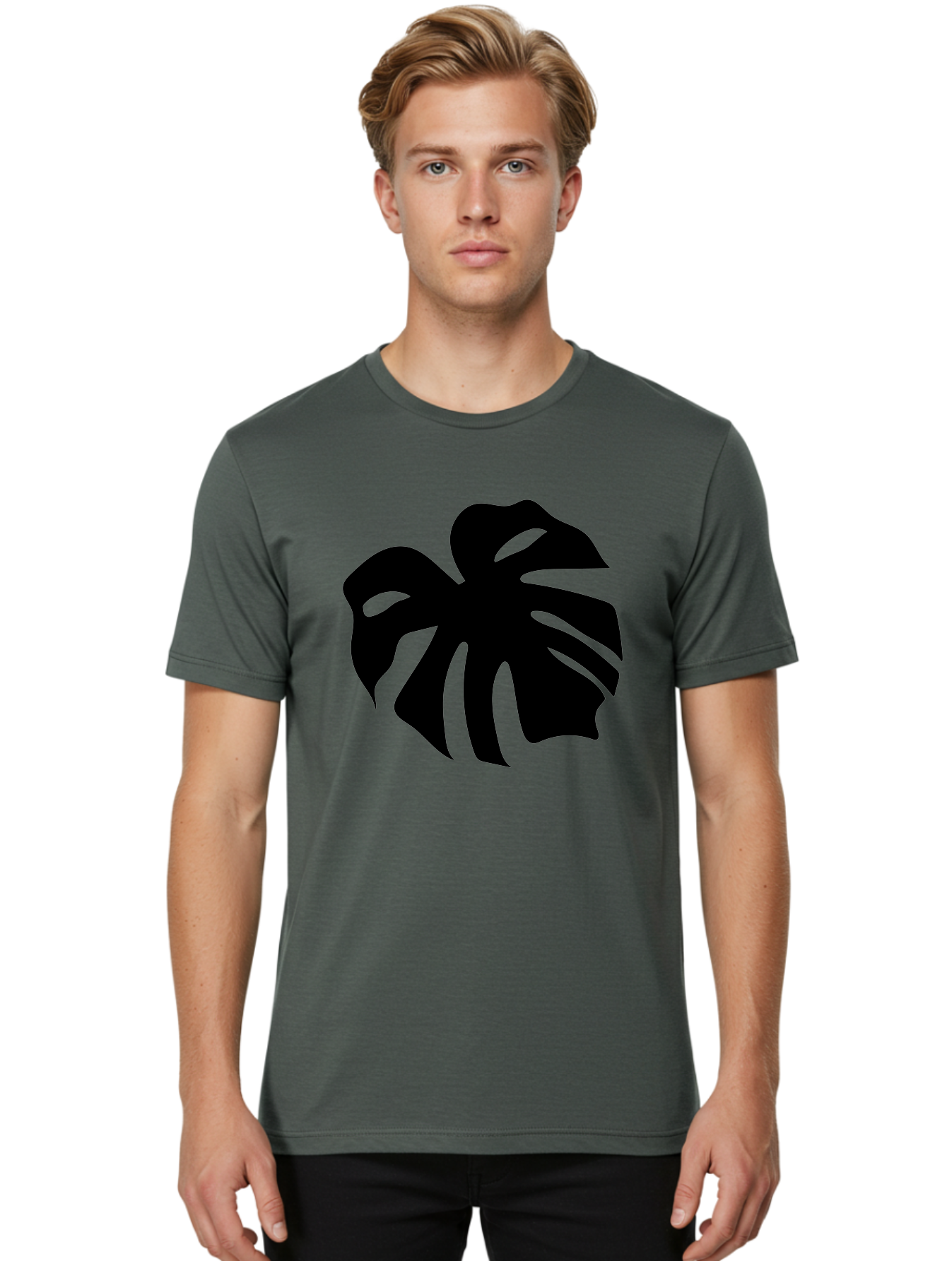 Monstera-Leaf-1 Men'S Graphic Tee, 100% Cotton, Comfortable Casual Summer Wear, Machine Washable, Tropical Leaf, Monstera Deliciosa, Exotic Foliage, Jungle Plants, Unique Shapes, Leafy Greens, Black Silhouette - Aaa466