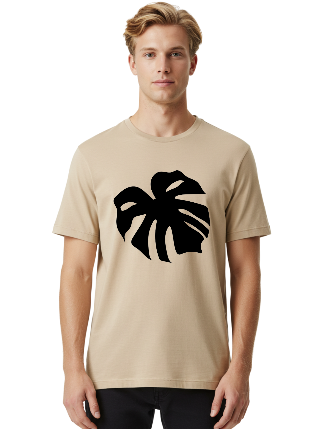 Monstera-Leaf-1 Men'S Graphic Tee, 100% Cotton, Comfortable Casual Summer Wear, Machine Washable, Tropical Leaf, Monstera Deliciosa, Exotic Foliage, Jungle Plants, Unique Shapes, Leafy Greens, Black Silhouette - Aaa466