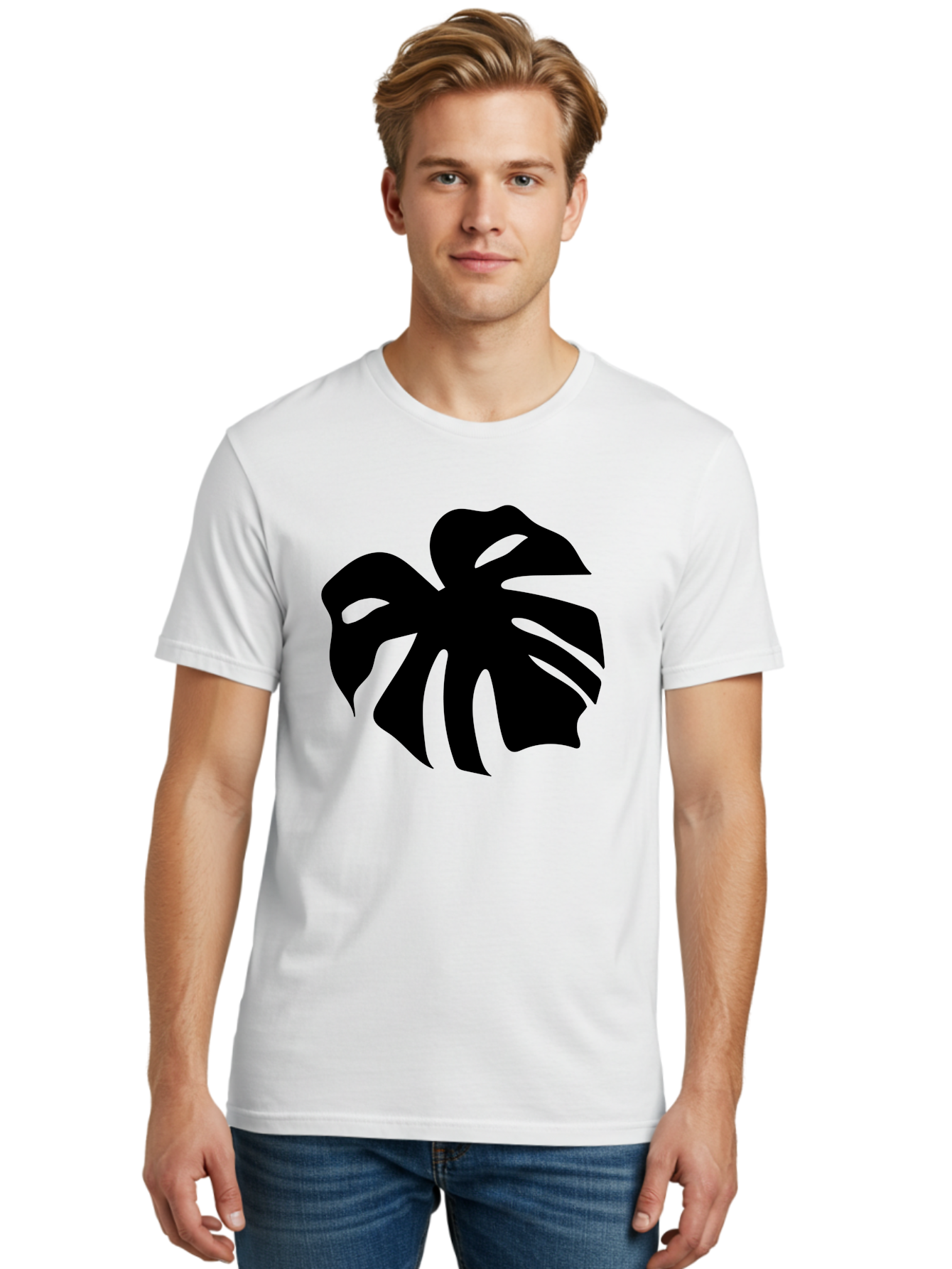 Monstera-Leaf-1 Men'S Graphic Tee, 100% Cotton, Comfortable Casual Summer Wear, Machine Washable, Tropical Leaf, Monstera Deliciosa, Exotic Foliage, Jungle Plants, Unique Shapes, Leafy Greens, Black Silhouette - Aaa466