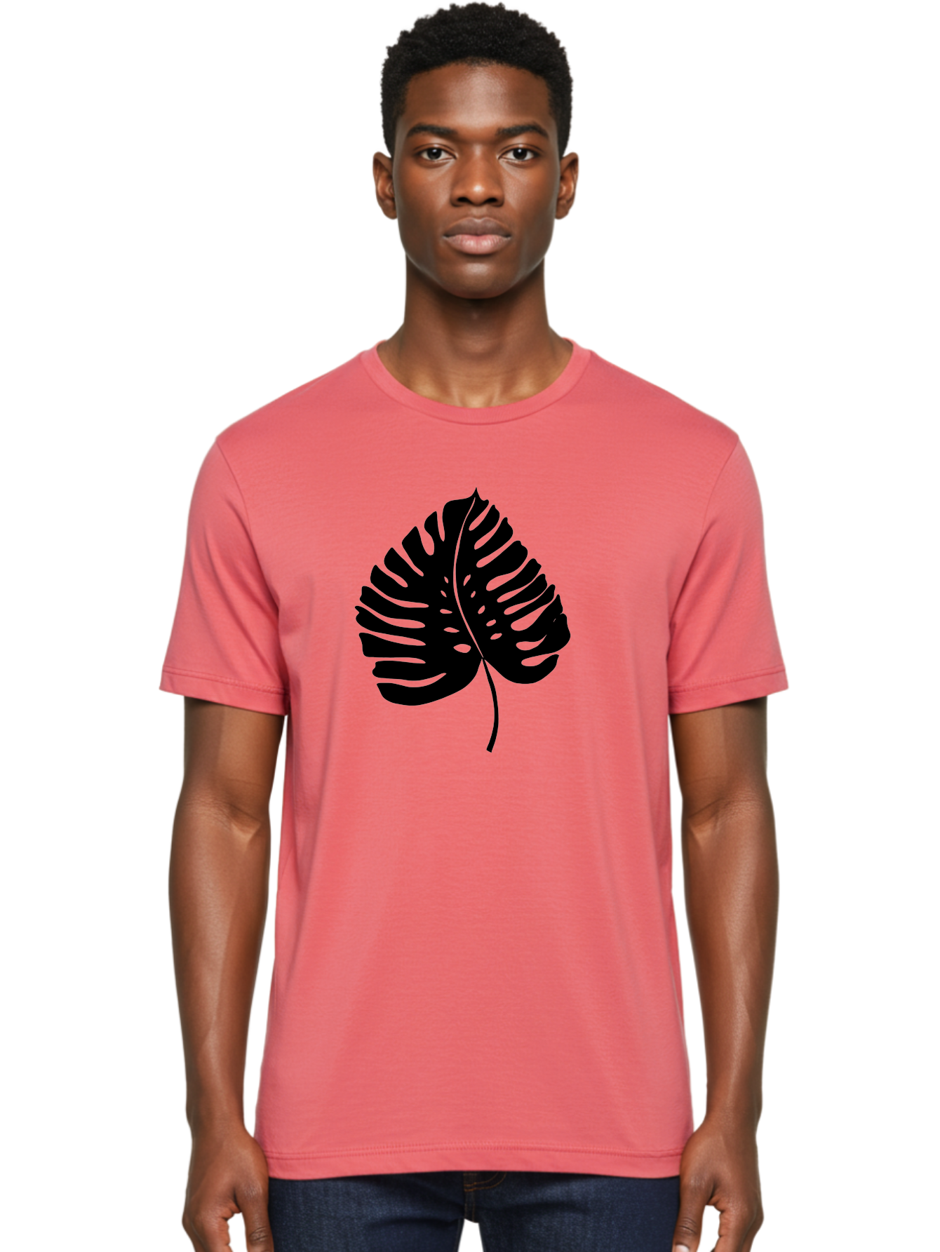 Monstera-Leaf-2 Men'S Graphic Tee, 100% Cotton, Comfortable Casual Summer Wear, Machine Washable, Tropical Leaf, Monstera Deliciosa, Exotic Foliage, Black Silhouette, Minimalist Design, Nature-Inspired Art, Botanical Illustration, - Aaa467