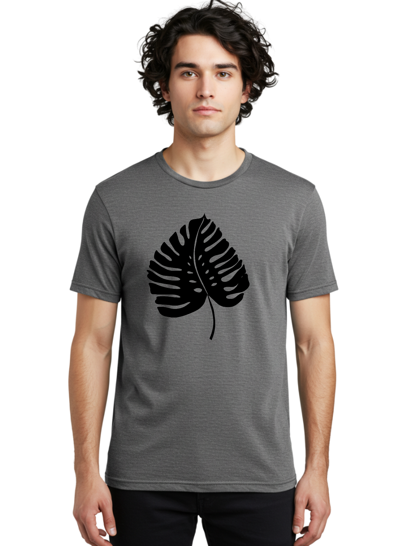Monstera-Leaf-2 Men'S Graphic Tee, 100% Cotton, Comfortable Casual Summer Wear, Machine Washable, Tropical Leaf, Monstera Deliciosa, Exotic Foliage, Black Silhouette, Minimalist Design, Nature-Inspired Art, Botanical Illustration, - Aaa467