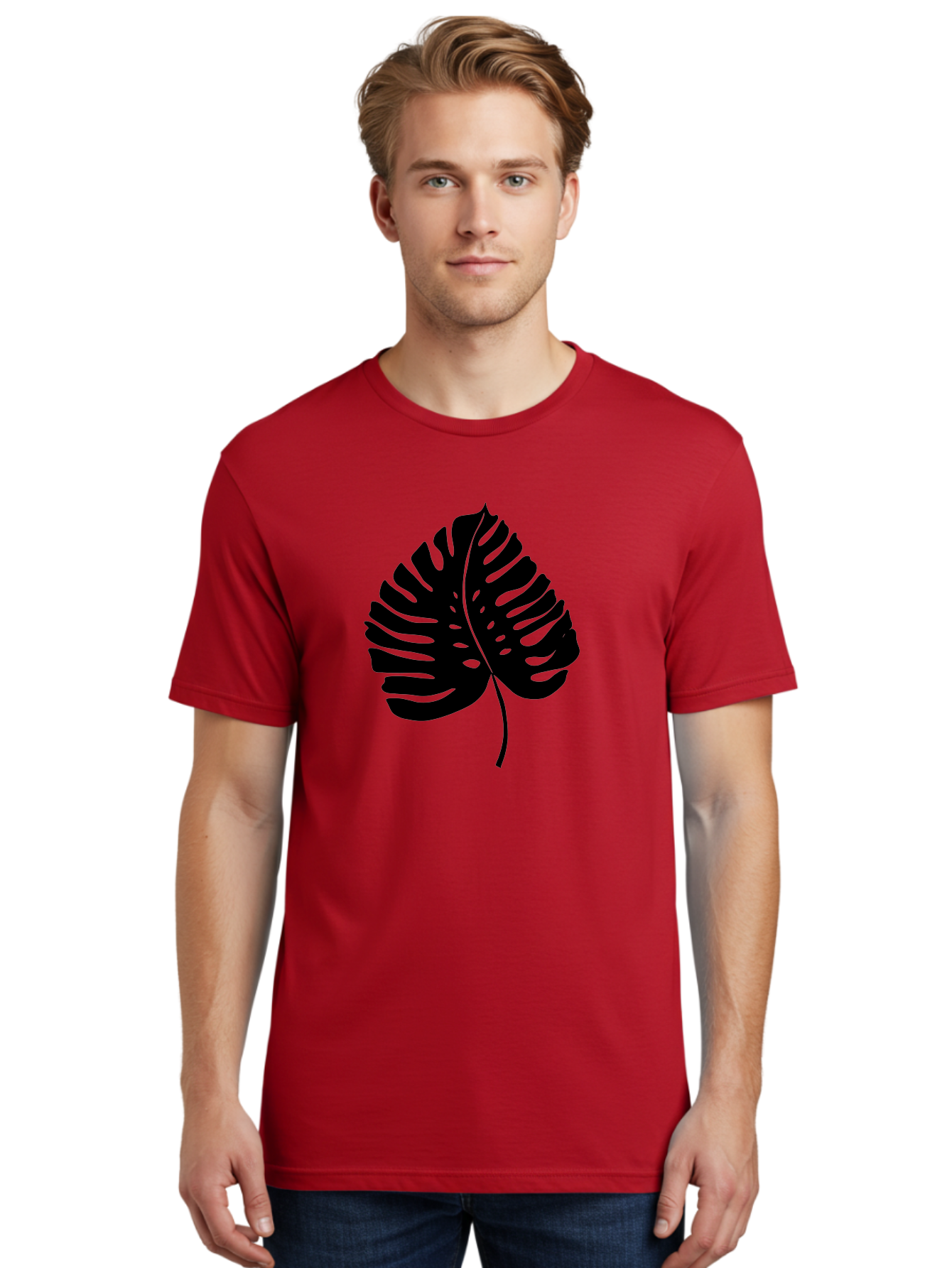 Monstera-Leaf-2 Men'S Graphic Tee, 100% Cotton, Comfortable Casual Summer Wear, Machine Washable, Tropical Leaf, Monstera Deliciosa, Exotic Foliage, Black Silhouette, Minimalist Design, Nature-Inspired Art, Botanical Illustration, - Aaa467