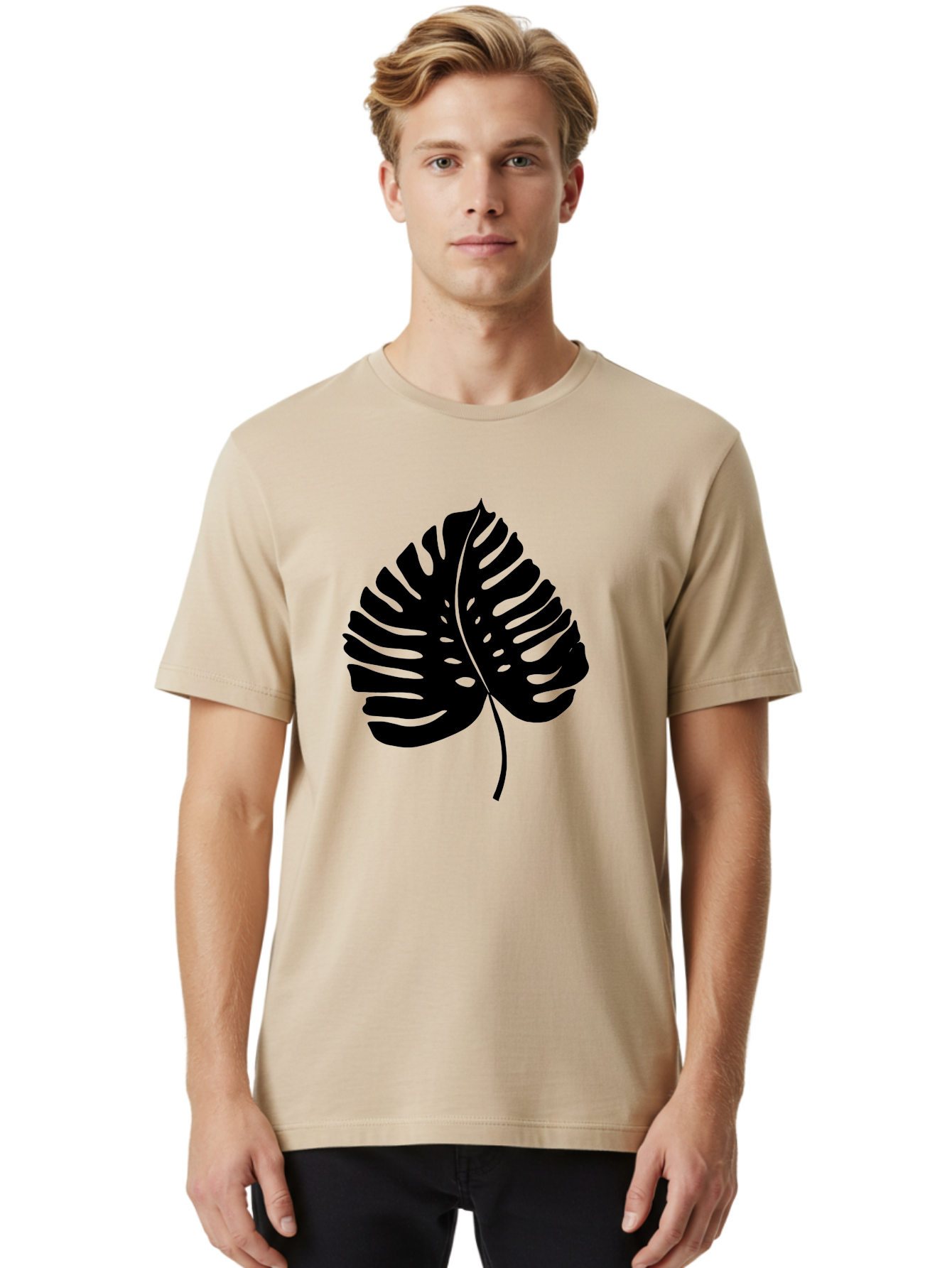 Monstera-Leaf-2 Men'S Graphic Tee, 100% Cotton, Comfortable Casual Summer Wear, Machine Washable, Tropical Leaf, Monstera Deliciosa, Exotic Foliage, Black Silhouette, Minimalist Design, Nature-Inspired Art, Botanical Illustration, - Aaa467