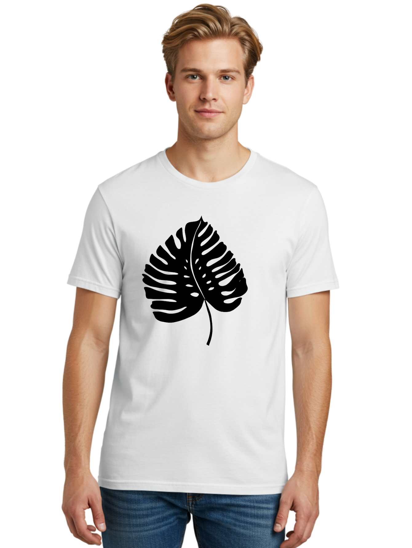 Monstera-Leaf-2 Men'S Graphic Tee, 100% Cotton, Comfortable Casual Summer Wear, Machine Washable, Tropical Leaf, Monstera Deliciosa, Exotic Foliage, Black Silhouette, Minimalist Design, Nature-Inspired Art, Botanical Illustration, - Aaa467