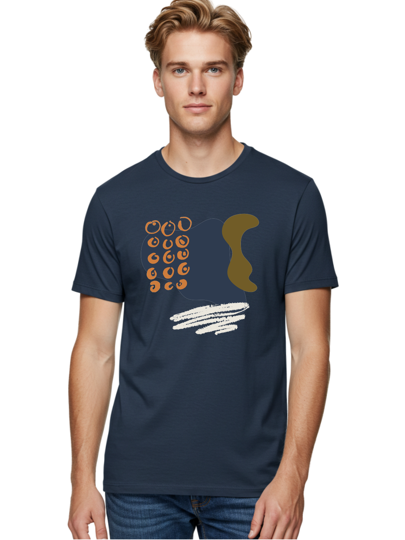 Octopus Men'S Graphic Tee, 100% Cotton, Comfortable Casual Summer Wear, Machine Washable, Octopus, Underwater Creature, Sea Animal, Abstract Art, Digital Illustration, Navy Blue, Orange, Brown And White Colors, Tentacles, Suckers, - Aaa473