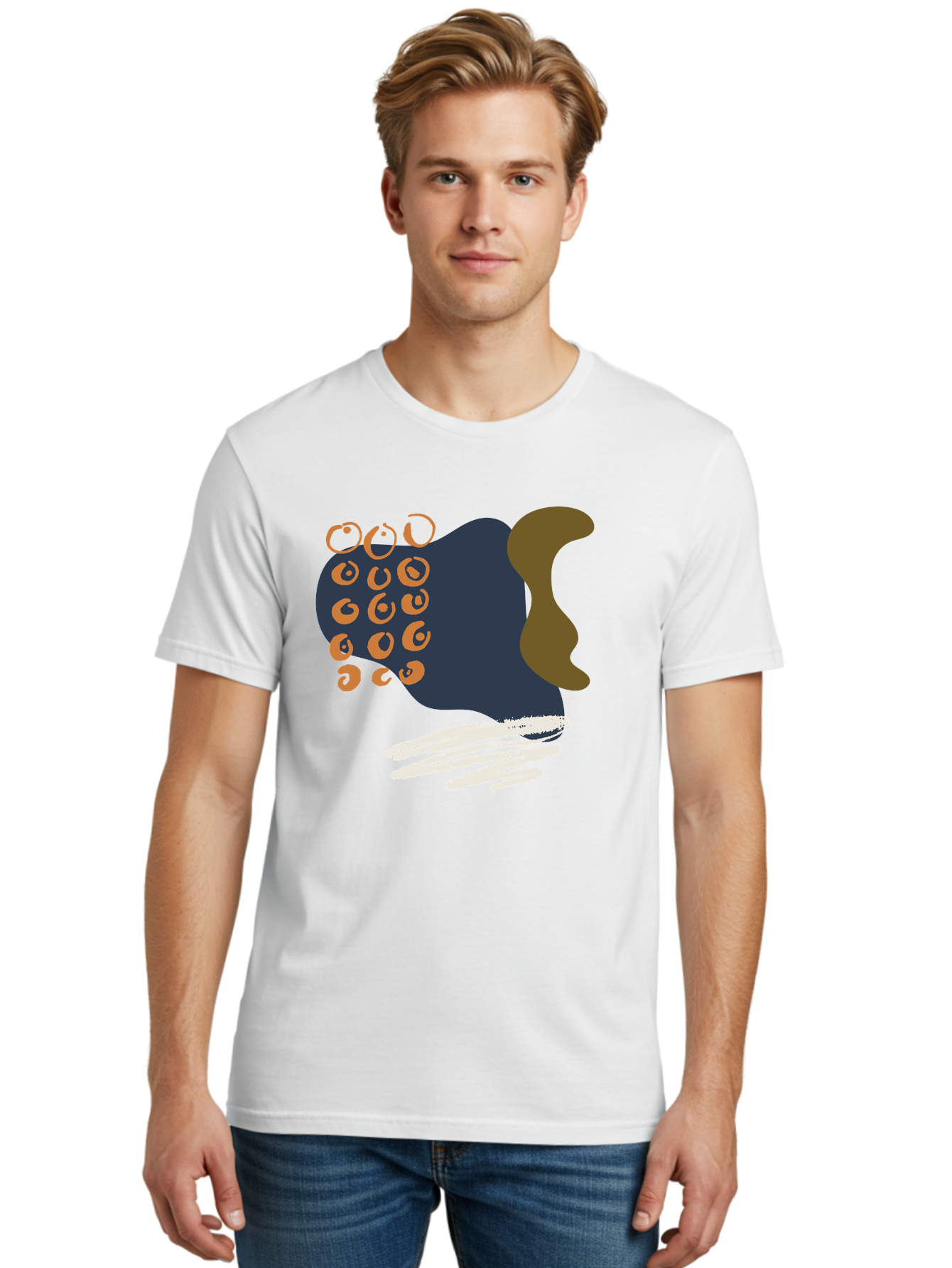 Octopus Men'S Graphic Tee, 100% Cotton, Comfortable Casual Summer Wear, Machine Washable, Octopus, Underwater Creature, Sea Animal, Abstract Art, Digital Illustration, Navy Blue, Orange, Brown And White Colors, Tentacles, Suckers, - Aaa473