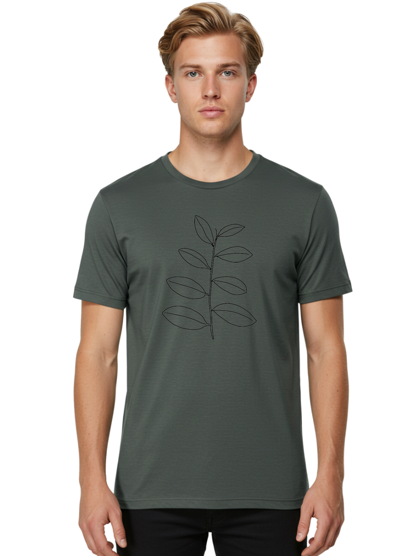Stem-With-Leaves Men'S Graphic Tee, 100% Cotton, Comfortable Casual Summer Wear, Machine Washable, Simple Line Art, Minimalist Design, Leafy Stem, Botanical Illustration, Natural Elements, Outline Art, Black Lines, Foliage - Aaa493