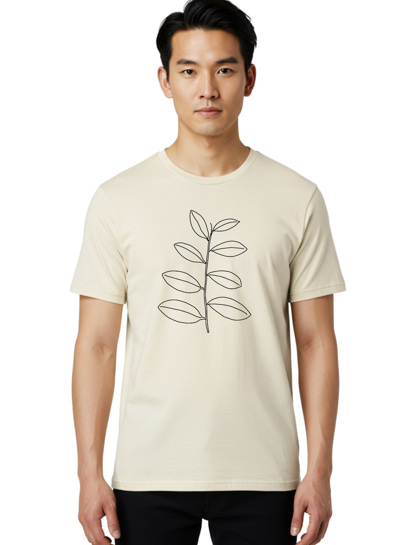 Stem-With-Leaves Men'S Graphic Tee, 100% Cotton, Comfortable Casual Summer Wear, Machine Washable, Simple Line Art, Minimalist Design, Leafy Stem, Botanical Illustration, Natural Elements, Outline Art, Black Lines, Foliage - Aaa493
