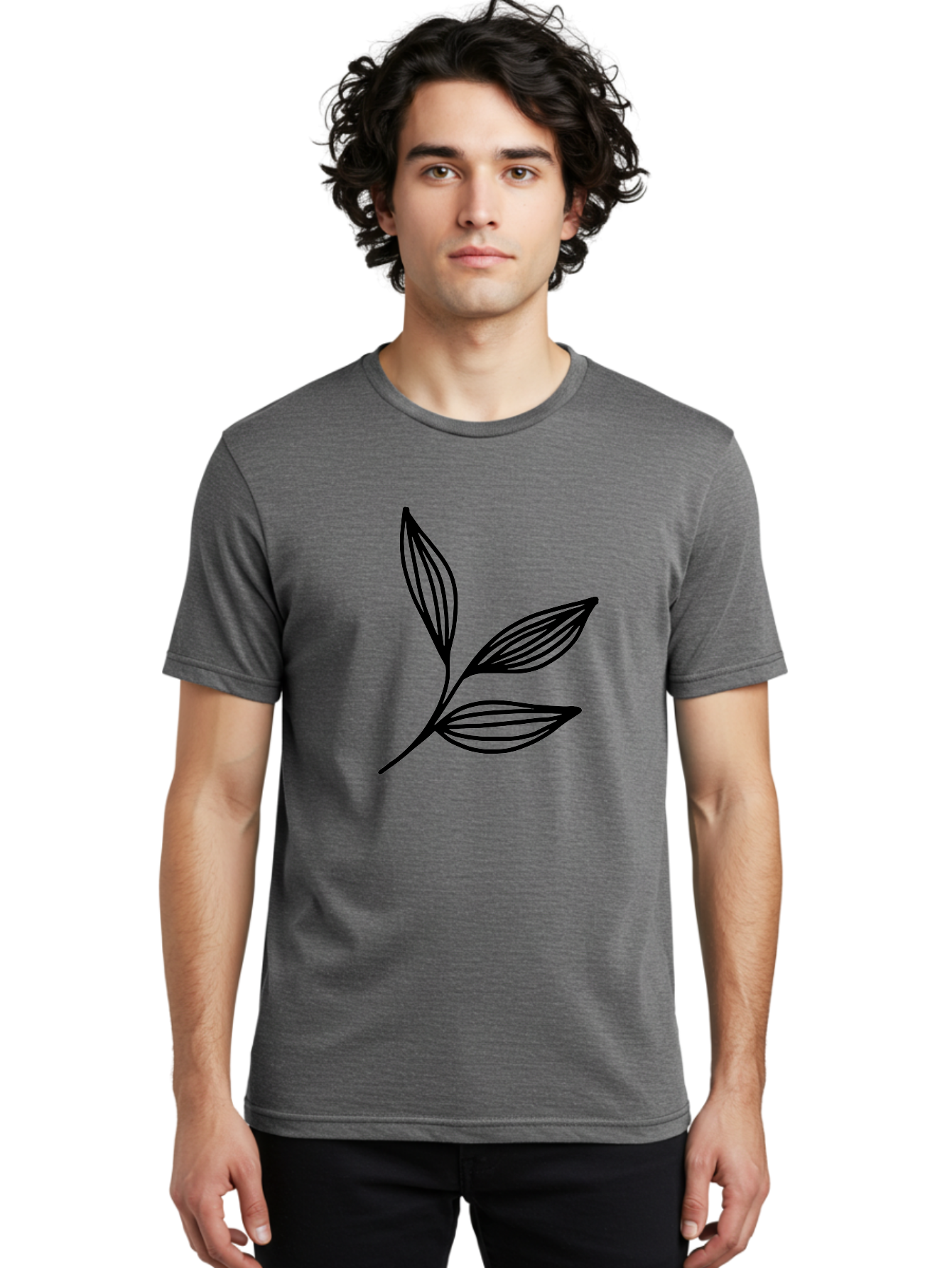 Three-Leaf-Stem Men'S Graphic Tee, 100% Cotton, Comfortable Casual Summer Wear, Machine Washable, Minimalist Leaf Design, Simple Line Art, Botanical Illustration, Three Leaves, Black Outline, Natural Theme, Eco-Friendly, Organic Shape - Aaa498