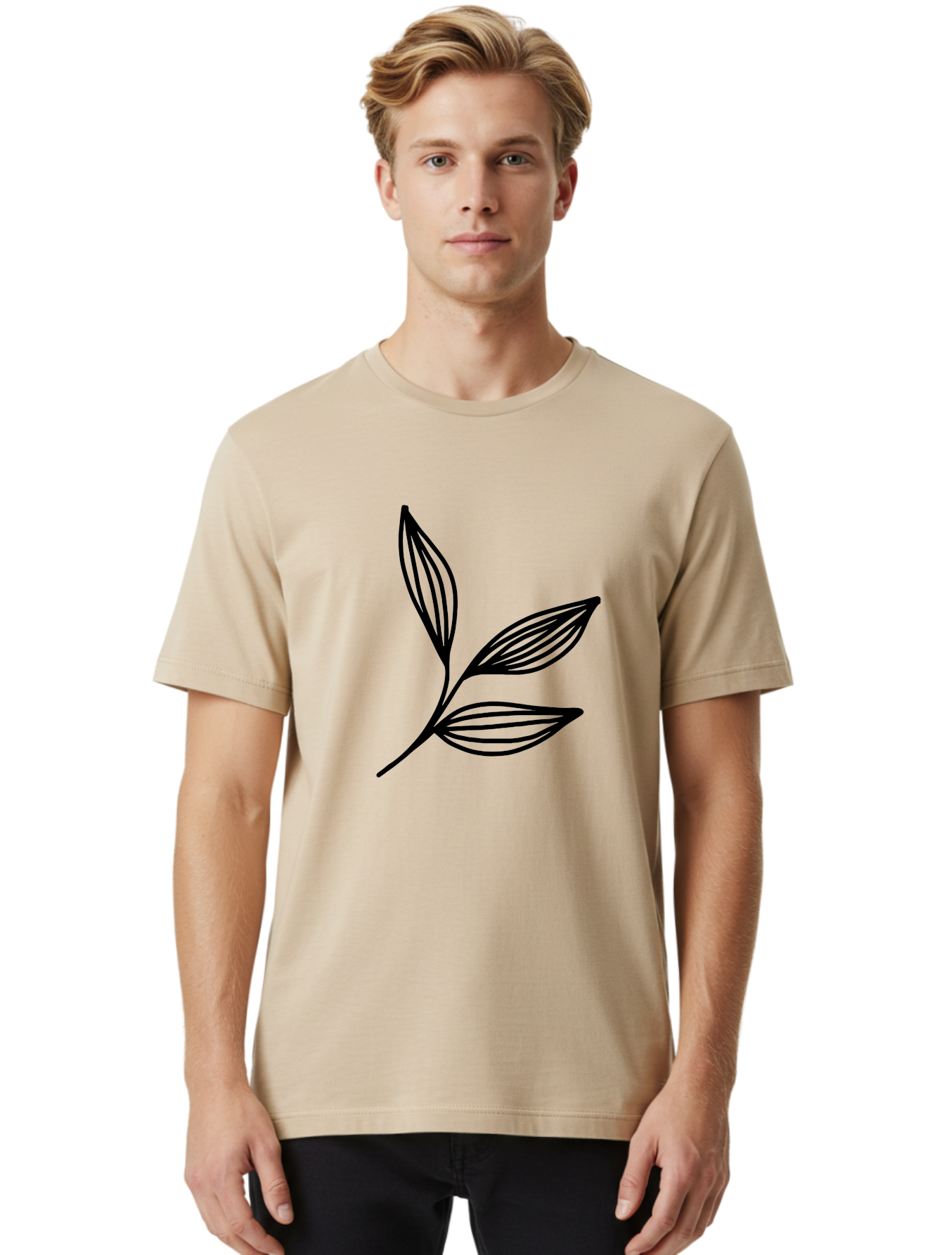 Three-Leaf-Stem Men'S Graphic Tee, 100% Cotton, Comfortable Casual Summer Wear, Machine Washable, Minimalist Leaf Design, Simple Line Art, Botanical Illustration, Three Leaves, Black Outline, Natural Theme, Eco-Friendly, Organic Shape - Aaa498