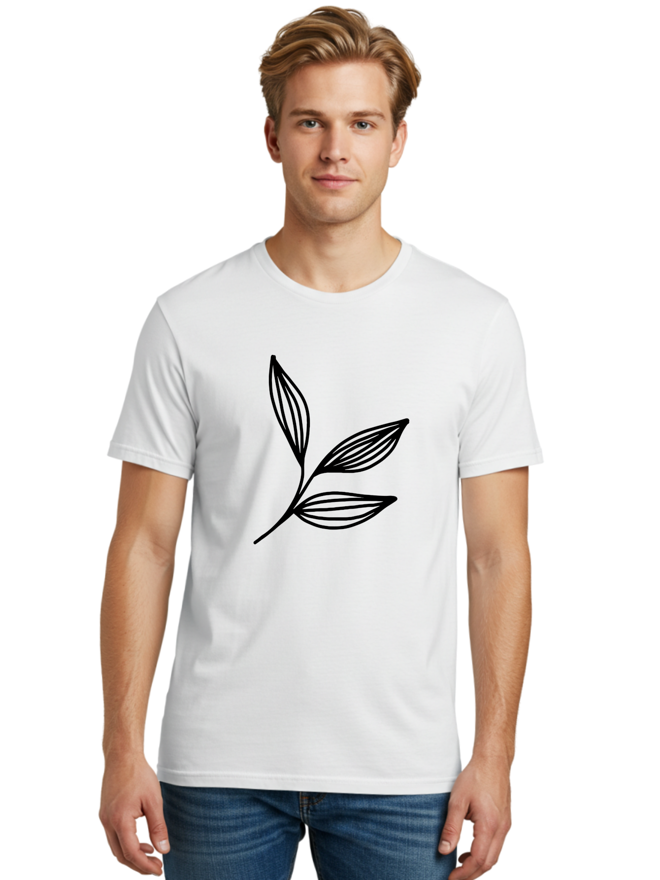Three-Leaf-Stem Men'S Graphic Tee, 100% Cotton, Comfortable Casual Summer Wear, Machine Washable, Minimalist Leaf Design, Simple Line Art, Botanical Illustration, Three Leaves, Black Outline, Natural Theme, Eco-Friendly, Organic Shape - Aaa498