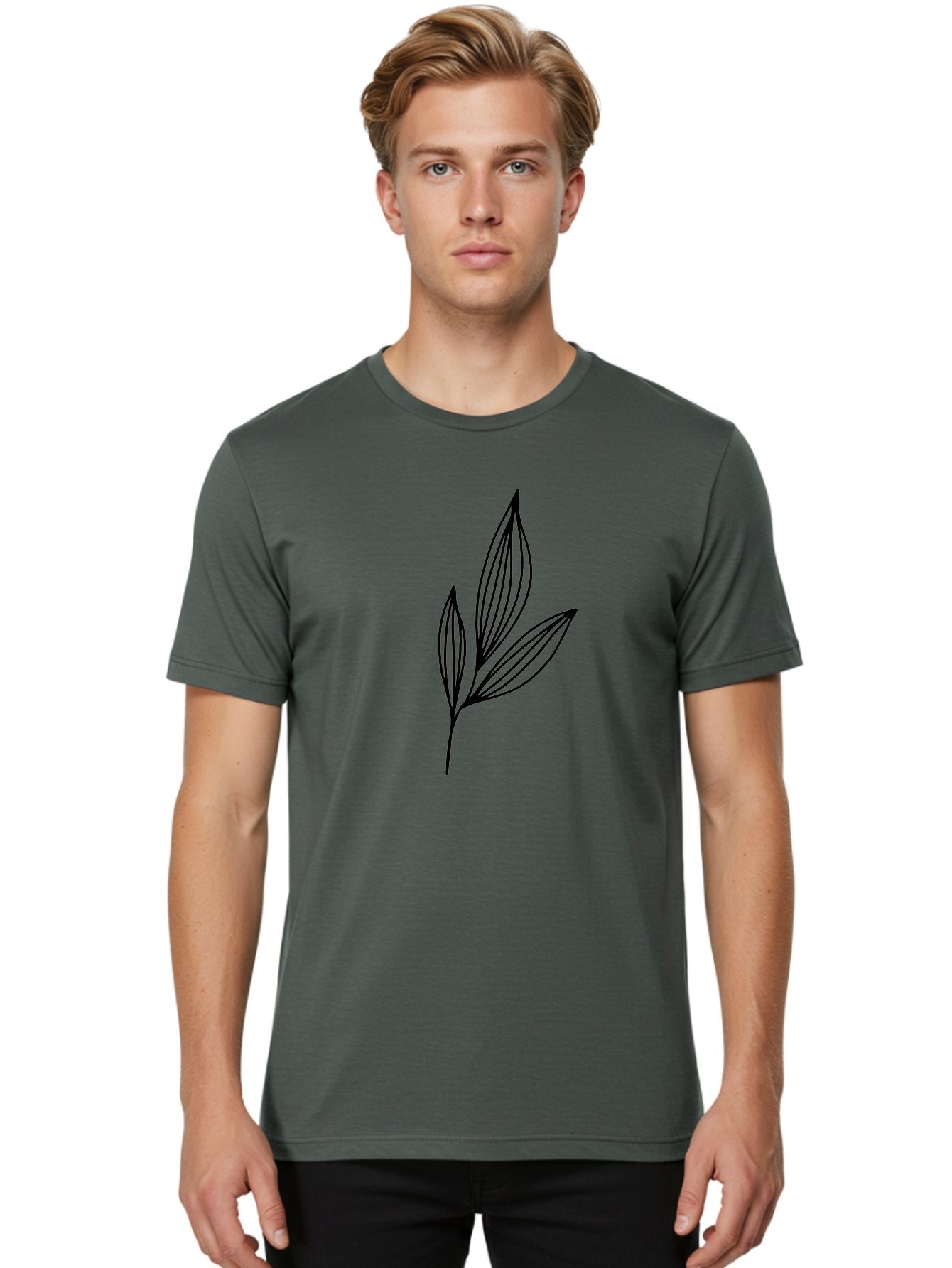 Three-Leaves-1 Men'S Graphic Tee, 100% Cotton, Comfortable Casual Summer Wear, Machine Washable, Simple Leaf Design, Minimalist Leaves, Botanical Illustration, Leaf Outline, Black Lines, Nature-Inspired Graphics, Leaf Pattern - Aaa499