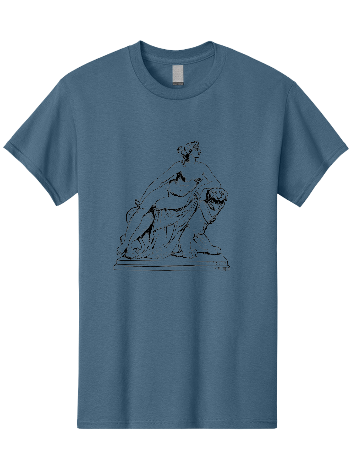 Aphrodite-Riding-Lion Men'S Graphic Tee, 100% Cotton, Comfortable Casual Summer Wear, Machine Washable, Classical Art, Greek Mythology, Female Figure, Lion Statue, Nude Woman, Goddess Aphrodite, Sensual Pose, Elegant Draping, - Aaa514
