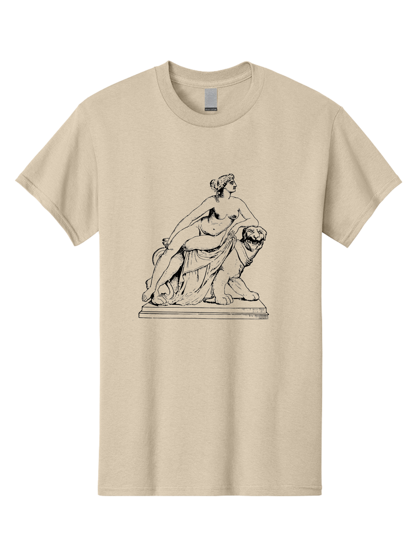 Aphrodite-Riding-Lion Men'S Graphic Tee, 100% Cotton, Comfortable Casual Summer Wear, Machine Washable, Classical Art, Greek Mythology, Female Figure, Lion Statue, Nude Woman, Goddess Aphrodite, Sensual Pose, Elegant Draping, - Aaa514