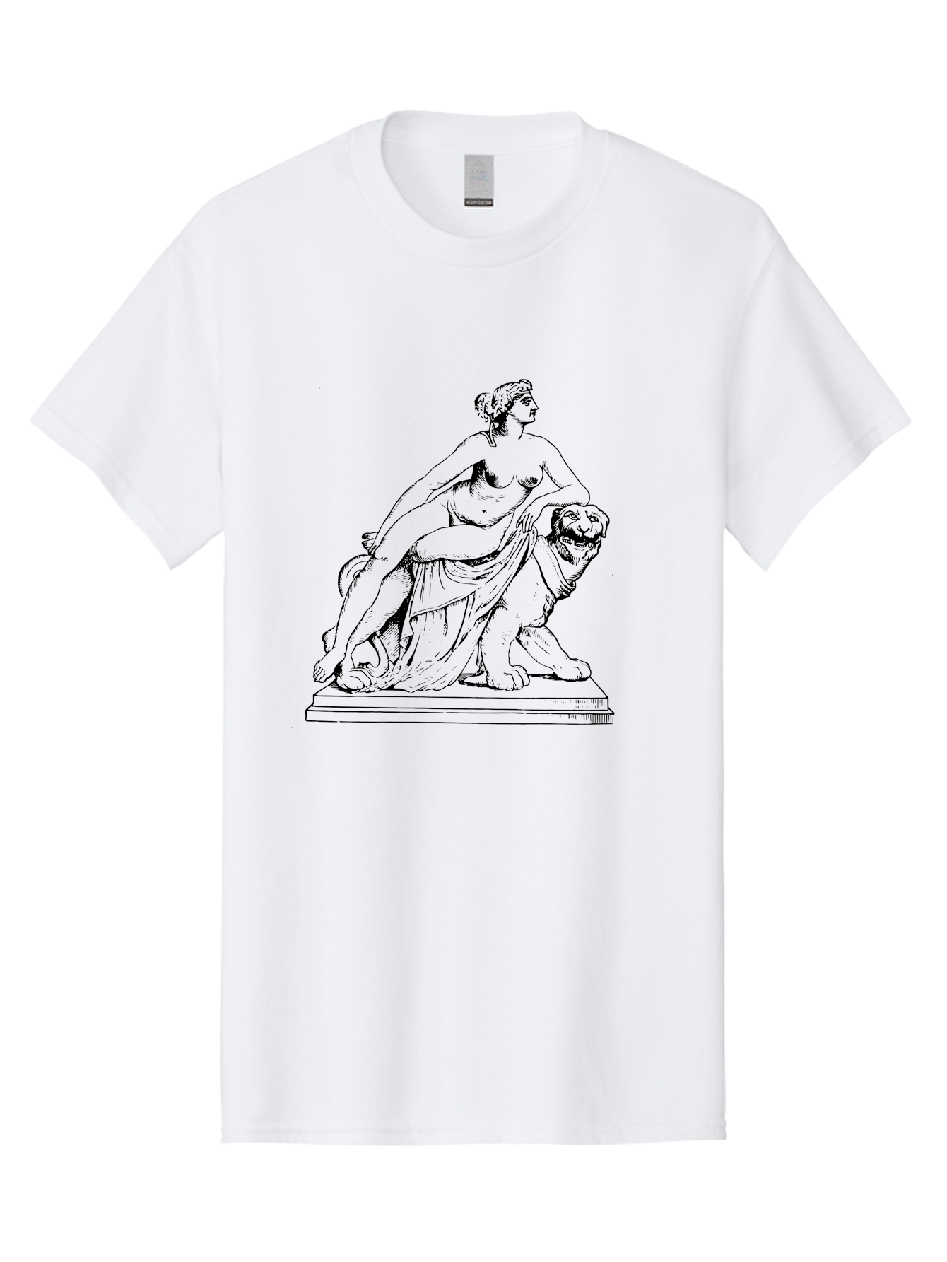 Aphrodite-Riding-Lion Men'S Graphic Tee, 100% Cotton, Comfortable Casual Summer Wear, Machine Washable, Classical Art, Greek Mythology, Female Figure, Lion Statue, Nude Woman, Goddess Aphrodite, Sensual Pose, Elegant Draping, - Aaa514