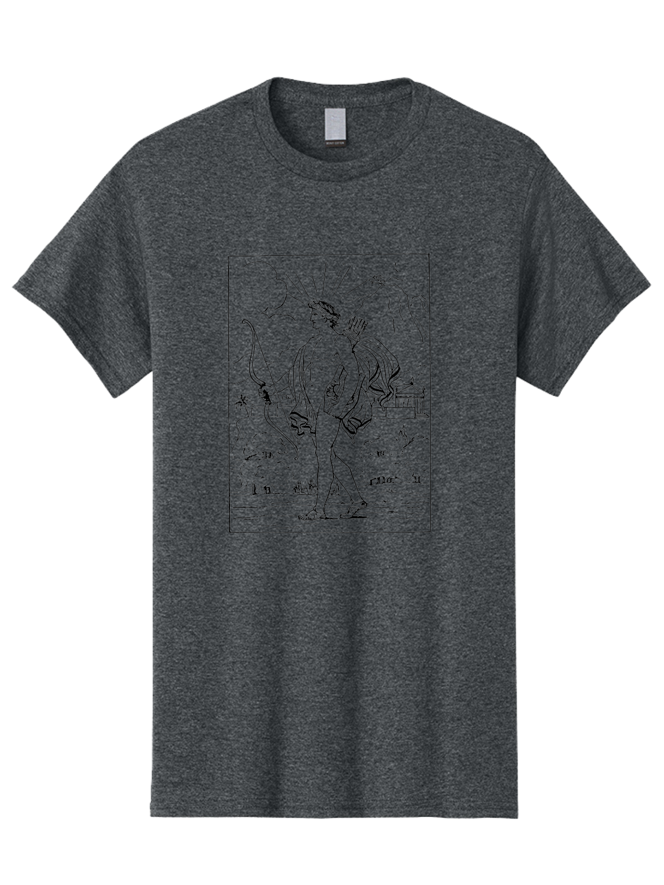 Apollo Men'S Graphic Tee, 100% Cotton, Comfortable Casual Summer Wear, Machine Washable, Classical Art, Greek Mythology, Archery, Nude Figure, Landscape, Palm Trees, Clouds, Birds, Temple, Historical Scene, Artistic Representation - Aaa515