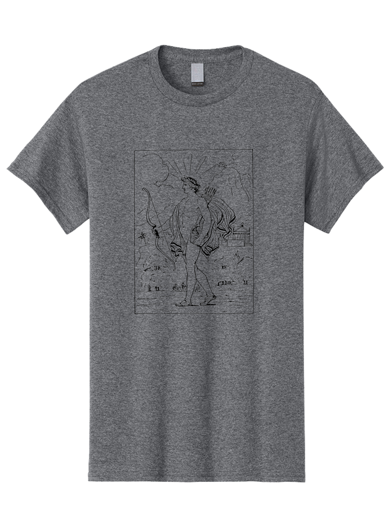 Apollo Men'S Graphic Tee, 100% Cotton, Comfortable Casual Summer Wear, Machine Washable, Classical Art, Greek Mythology, Archery, Nude Figure, Landscape, Palm Trees, Clouds, Birds, Temple, Historical Scene, Artistic Representation - Aaa515