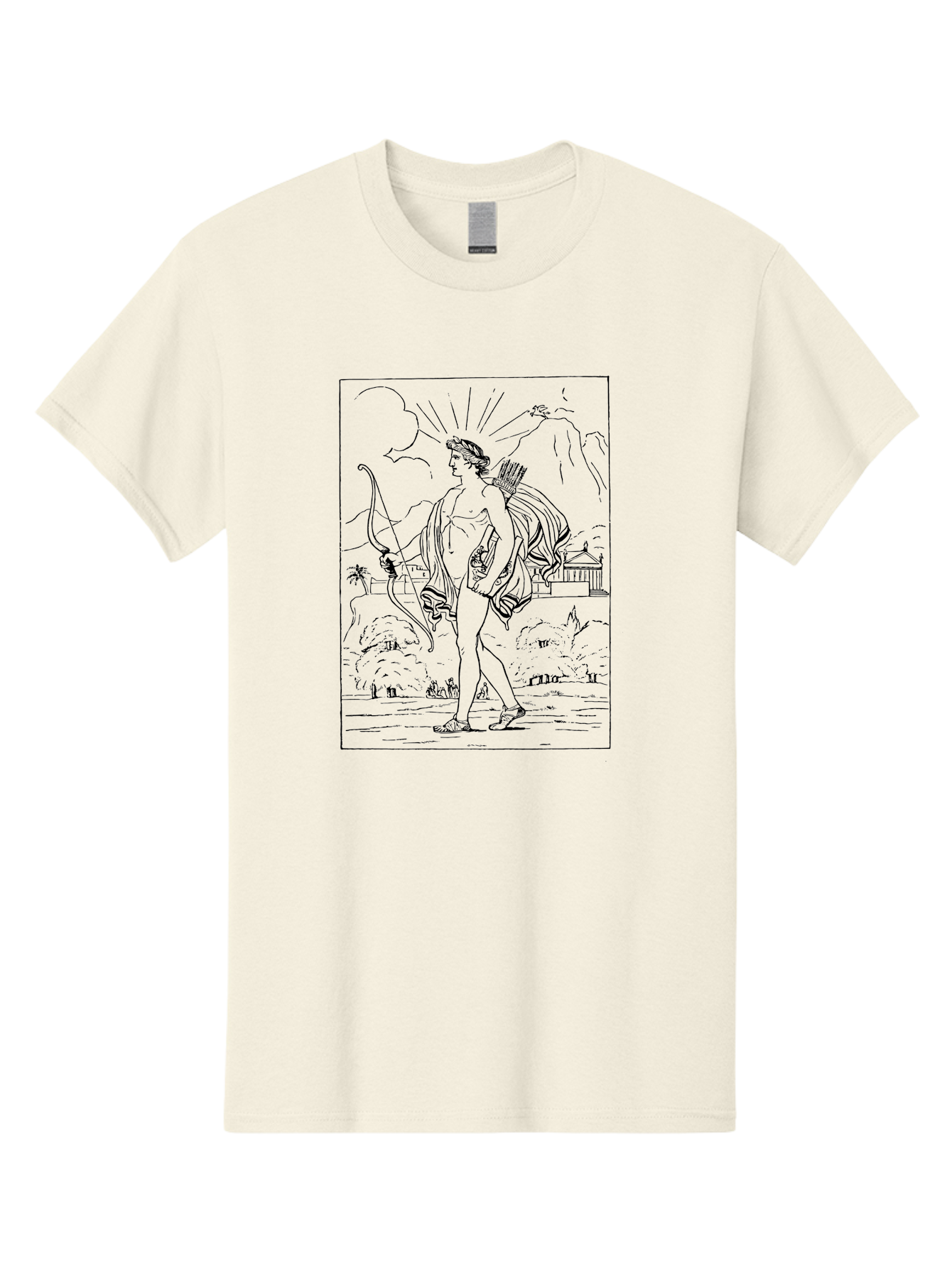 Apollo Men'S Graphic Tee, 100% Cotton, Comfortable Casual Summer Wear, Machine Washable, Classical Art, Greek Mythology, Archery, Nude Figure, Landscape, Palm Trees, Clouds, Birds, Temple, Historical Scene, Artistic Representation - Aaa515