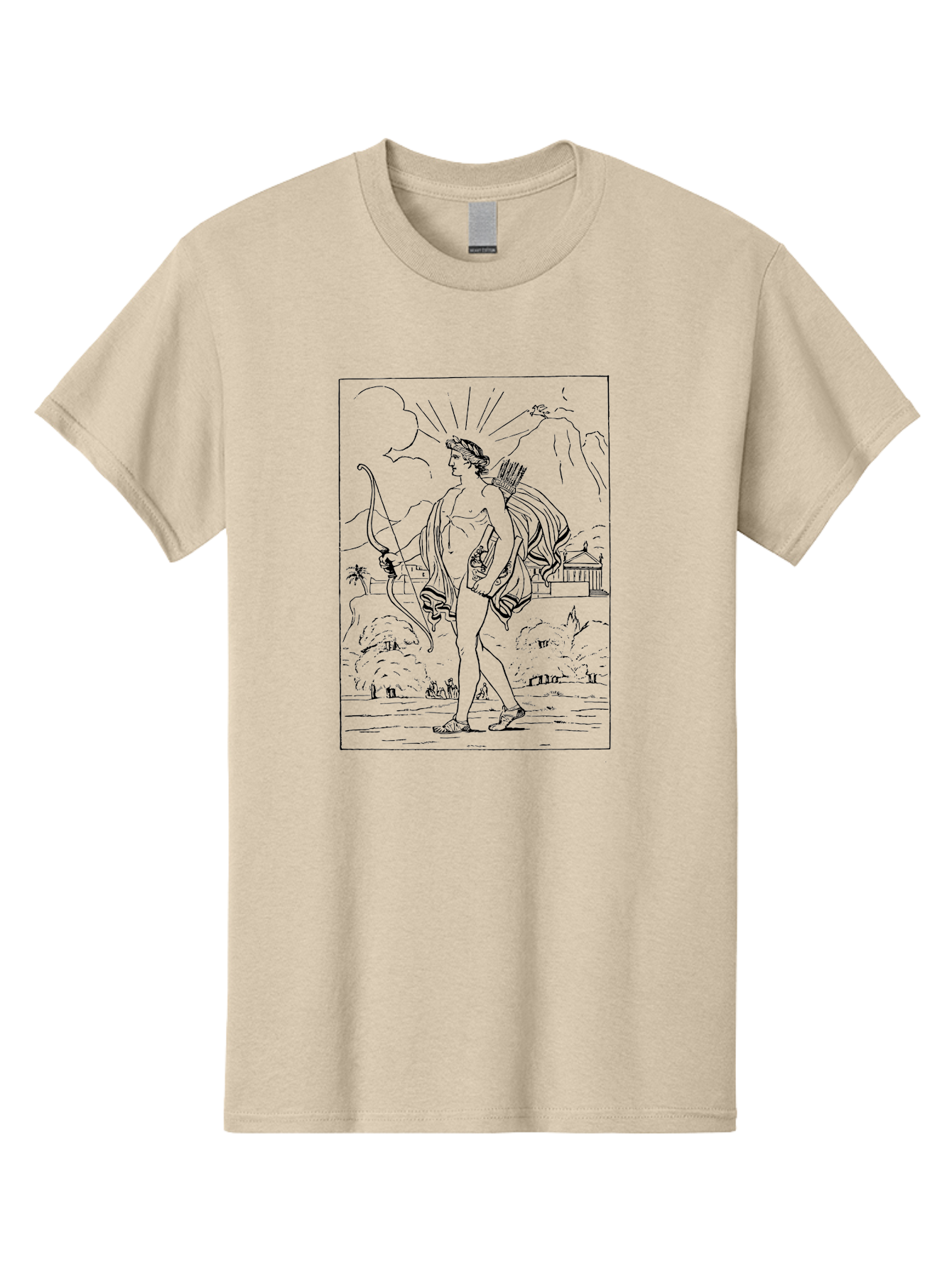 Apollo Men'S Graphic Tee, 100% Cotton, Comfortable Casual Summer Wear, Machine Washable, Classical Art, Greek Mythology, Archery, Nude Figure, Landscape, Palm Trees, Clouds, Birds, Temple, Historical Scene, Artistic Representation - Aaa515
