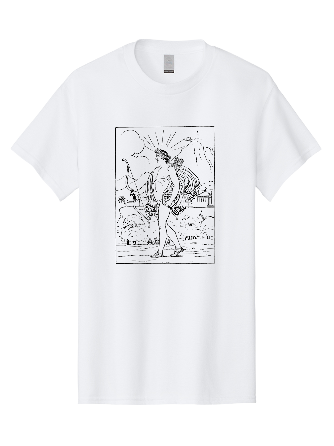 Apollo Men'S Graphic Tee, 100% Cotton, Comfortable Casual Summer Wear, Machine Washable, Classical Art, Greek Mythology, Archery, Nude Figure, Landscape, Palm Trees, Clouds, Birds, Temple, Historical Scene, Artistic Representation - Aaa515