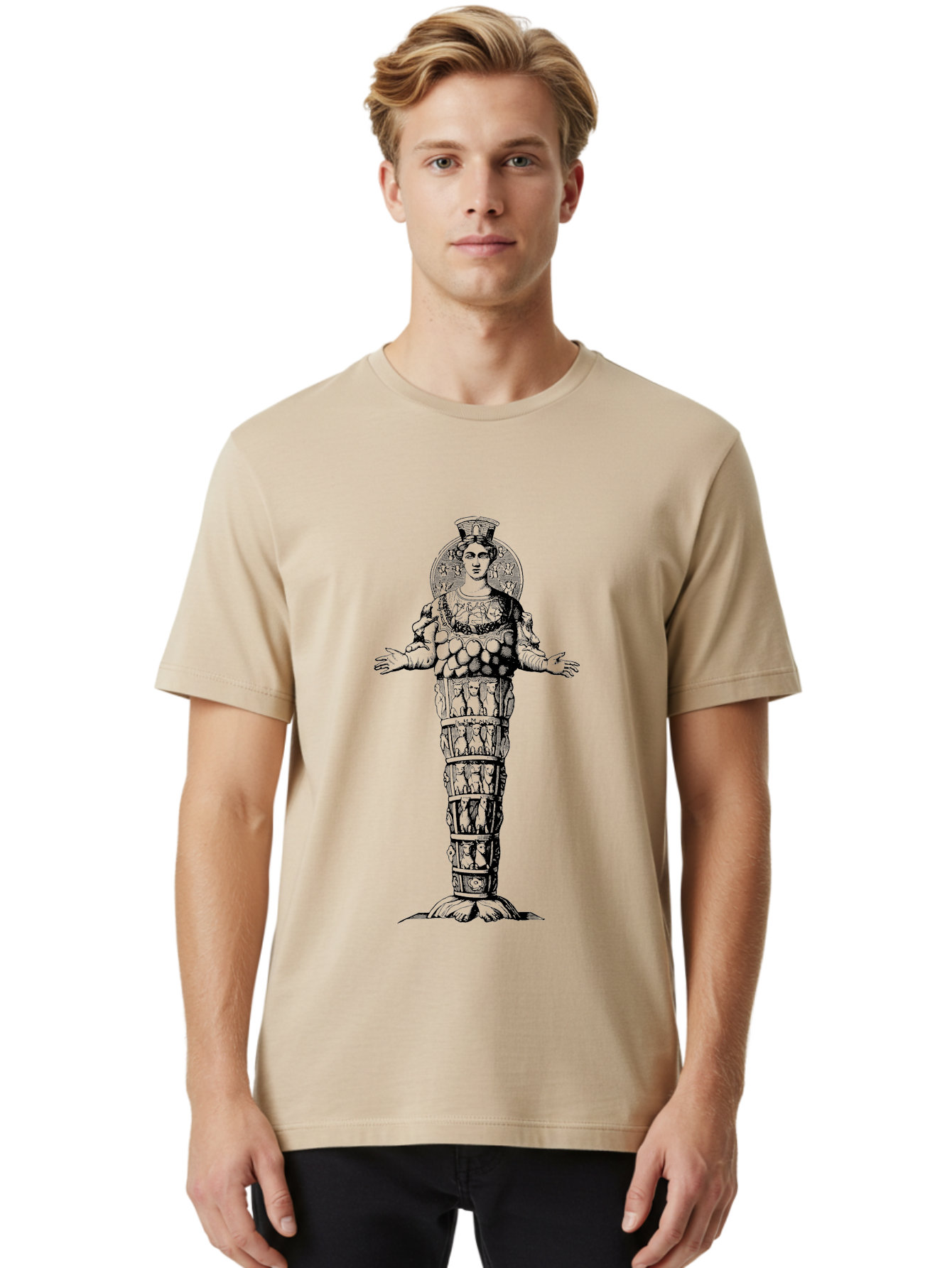 Artemis-Of-Ephesus Men'S Graphic Tee, 100% Cotton, Comfortable Casual Summer Wear, Machine Washable, Ancient Greek Goddess, Ephesian Artemis, Fertility Symbol, Multiple Breasts, Ornate Headdress, Mystical Aura, Historical Artifact, - Aaa516