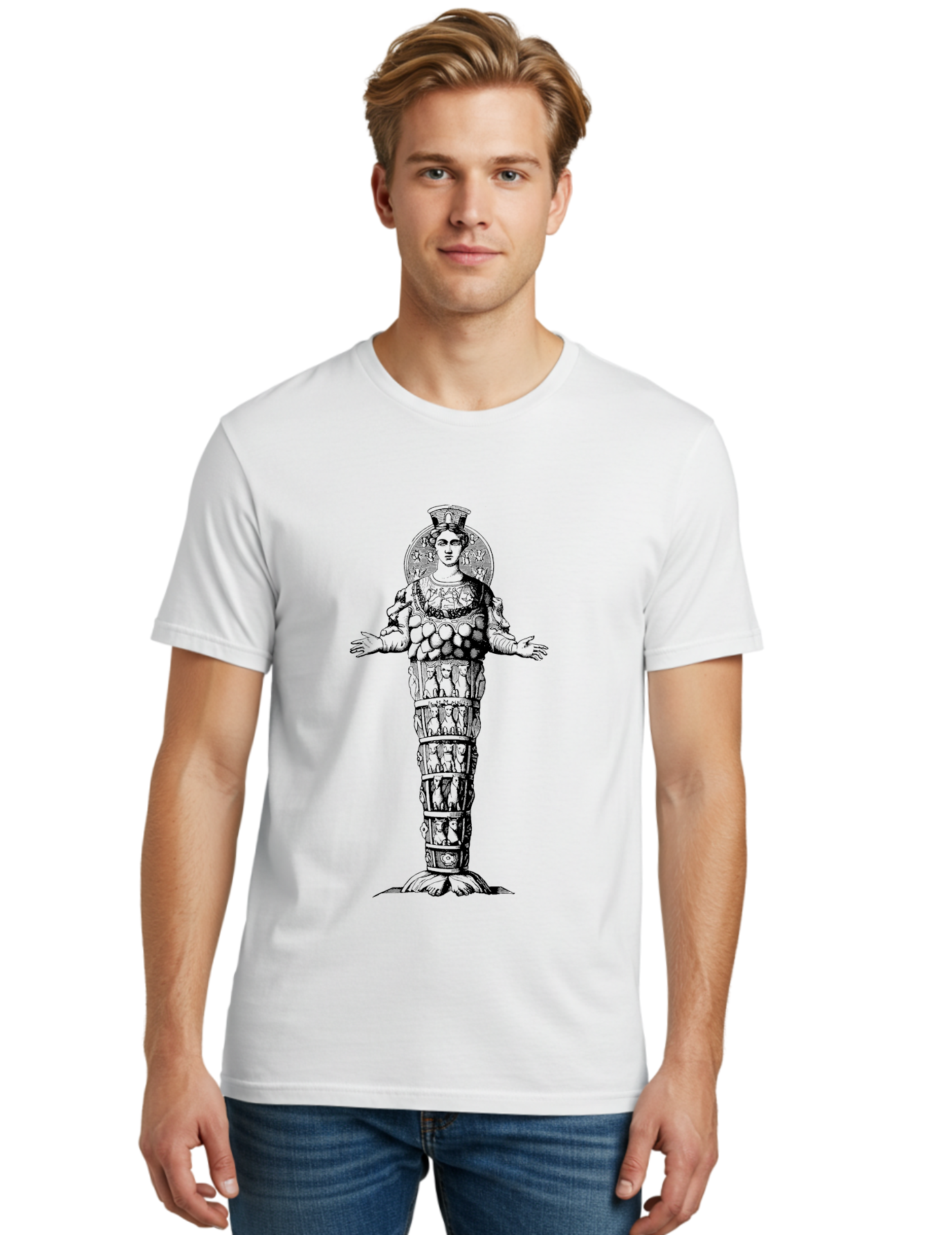 Artemis-Of-Ephesus Men'S Graphic Tee, 100% Cotton, Comfortable Casual Summer Wear, Machine Washable, Ancient Greek Goddess, Ephesian Artemis, Fertility Symbol, Multiple Breasts, Ornate Headdress, Mystical Aura, Historical Artifact, - Aaa516